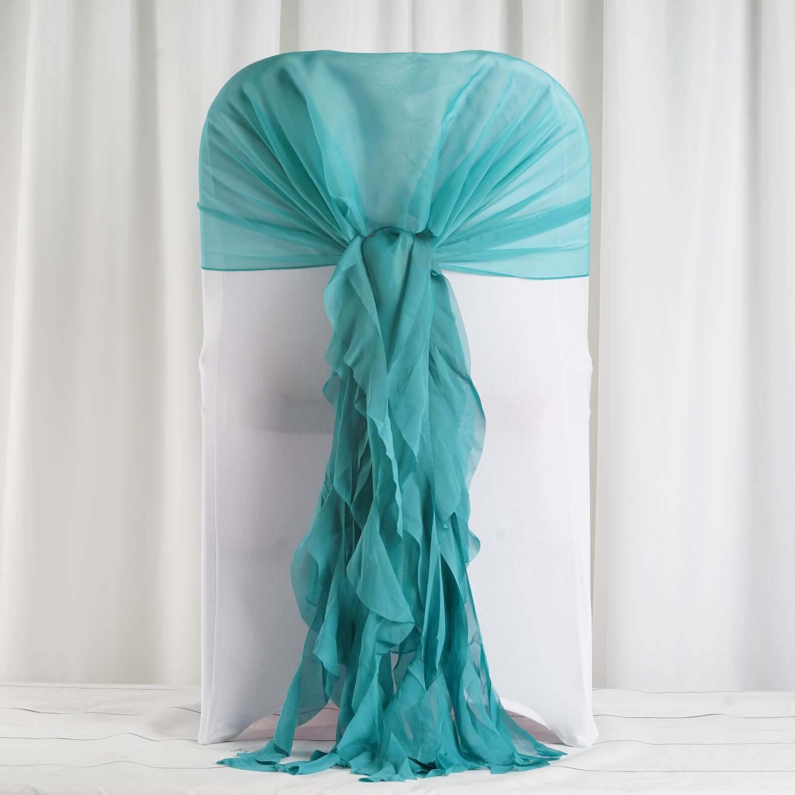 1 Set Chiffon Hoods Chair Sashes with Willow Ruffles Design Turquoise - Stylish Chair Bow Decor