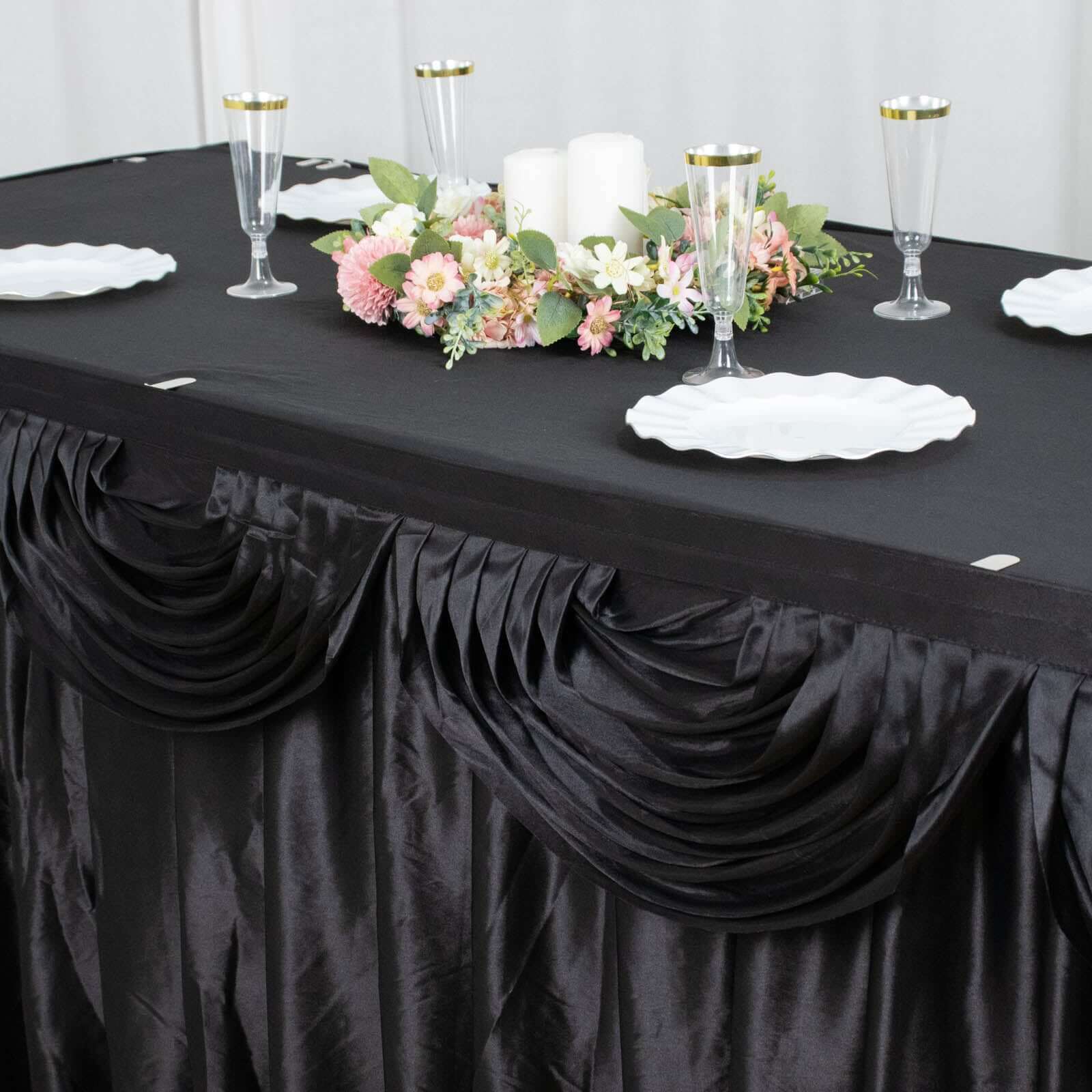 Satin 14ft Table Skirt Black Pleated Double Drape Design - Soft & Graceful for Events