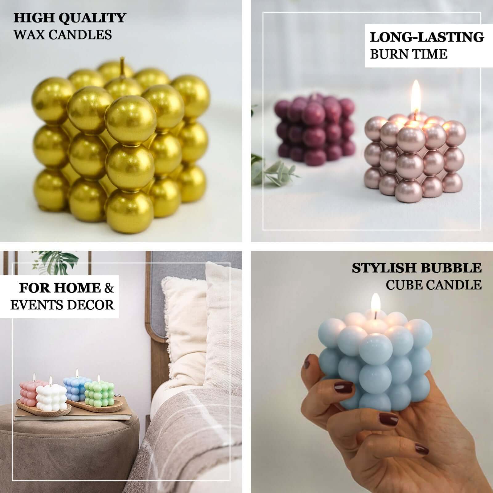 2-Pack Decorative Paraffin Wax Candles Bubble Cube Design Metallic Silver - Unscented Long Burning Pillar Candle Set 2