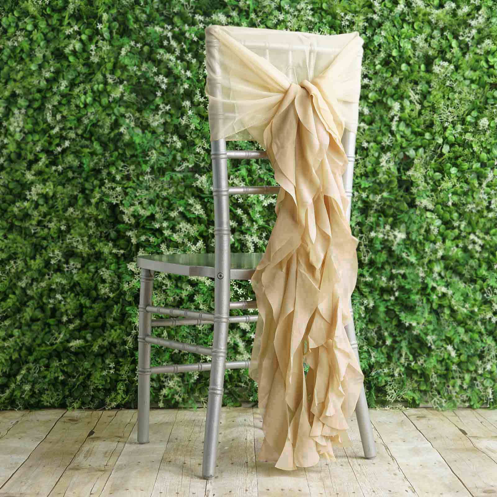 1 Set Chiffon Hoods Chair Sashes with Willow Ruffles Design Champagne - Stylish Chair Bow Decor