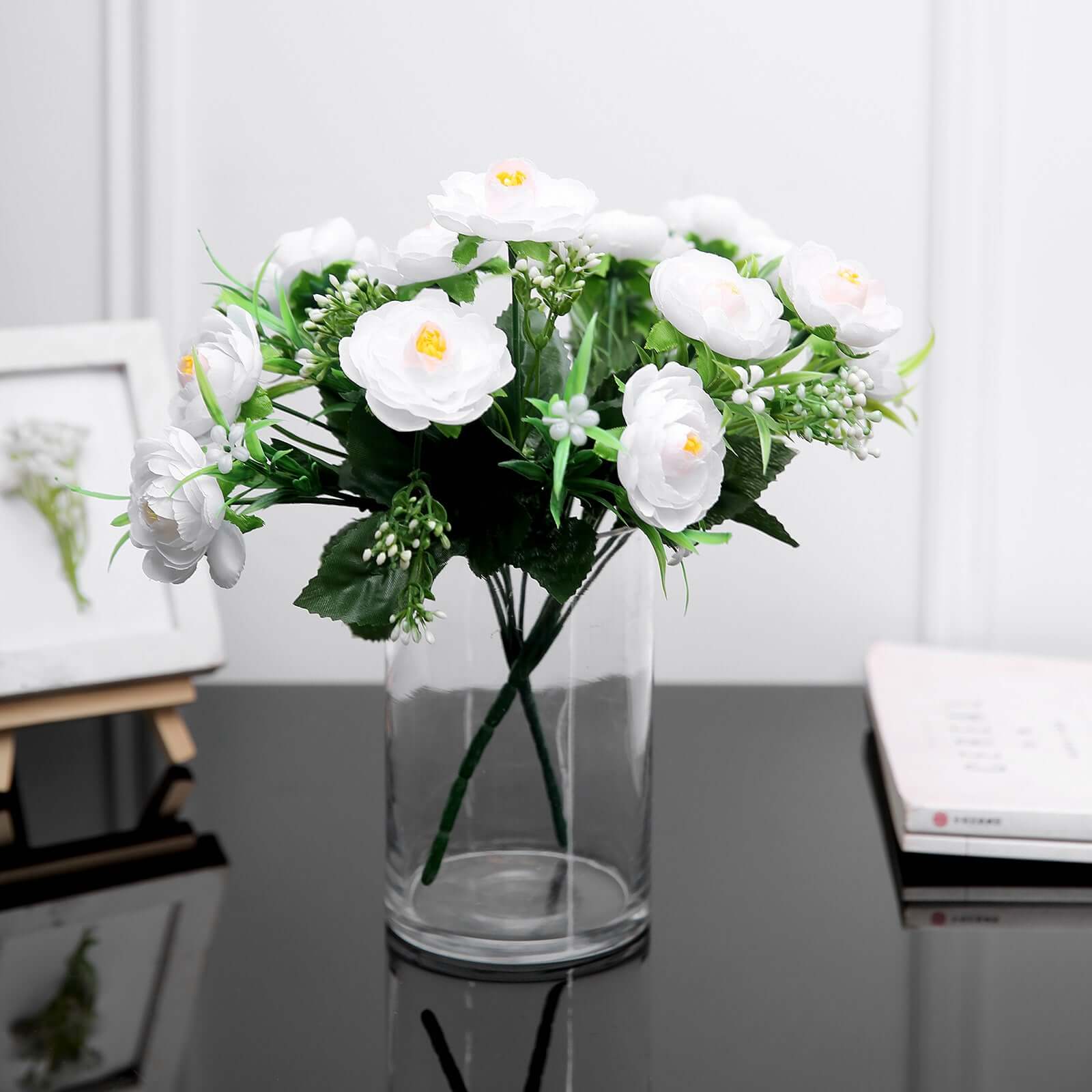 4 Bushes White Artificial Silk Peony Flower Bouquet Arrangement