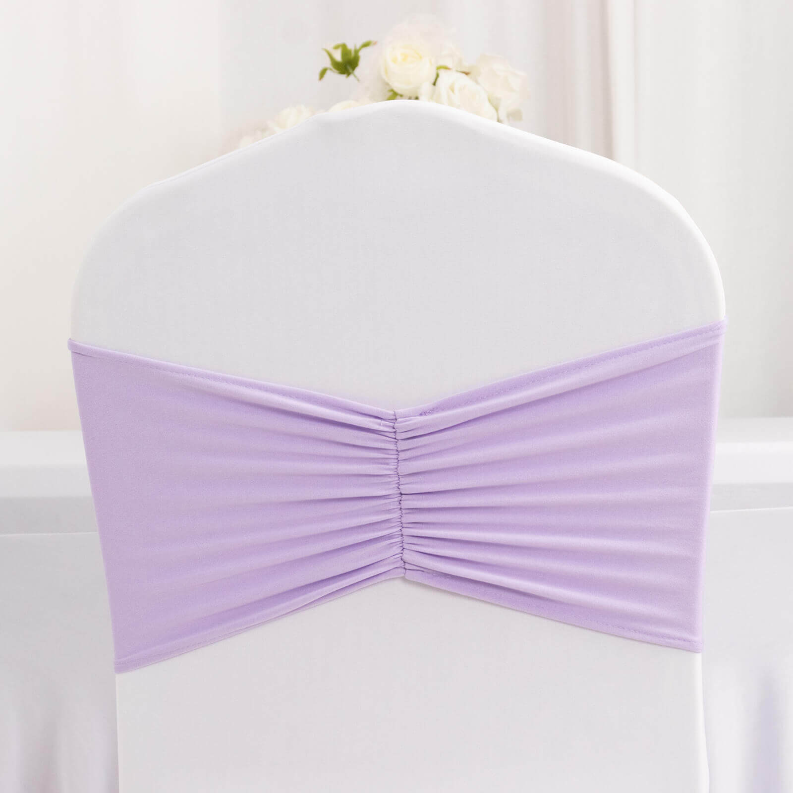 5 Pack Spandex Chair Sashes Lavender Lilac Ruffled Style - Wide Easy to Use Stretch Chair Bands 8x13