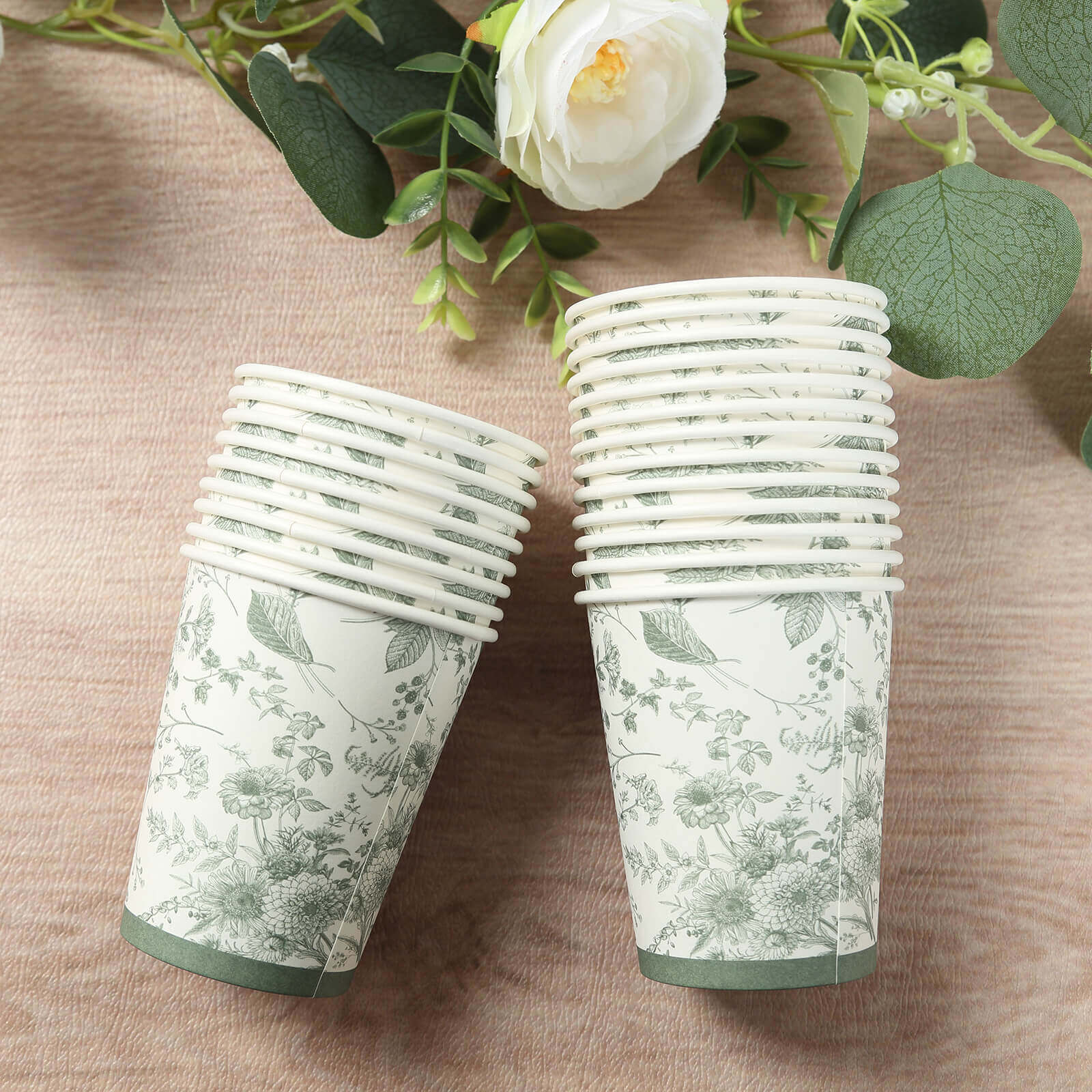 24-Pack Paper Cups White with Sage Green French Toile Print - Stylish Disposable Floral Party Cups for Hot & Cold Beverages 9oz