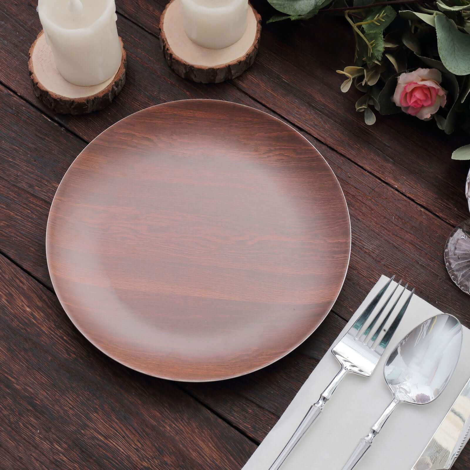 Pack of 6 Melamine 8 Round Dessert Plates in Brown Wood Grain Print - Disposable Shatterproof Appetizer Salad Plates for Rustic Farmhouse-Inspired Table Decor