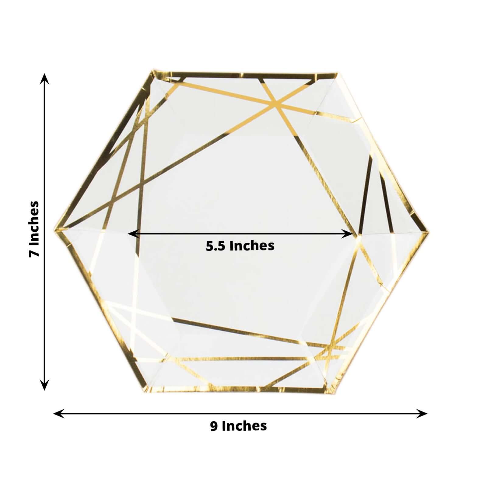 25-Pack Paper 7 Hexagon Dessert Plates in White with Gold Geometric Lines & Rim - Stylish Disposable Geometric 300GSM Appetizer Salad Plates for Events & Banquets