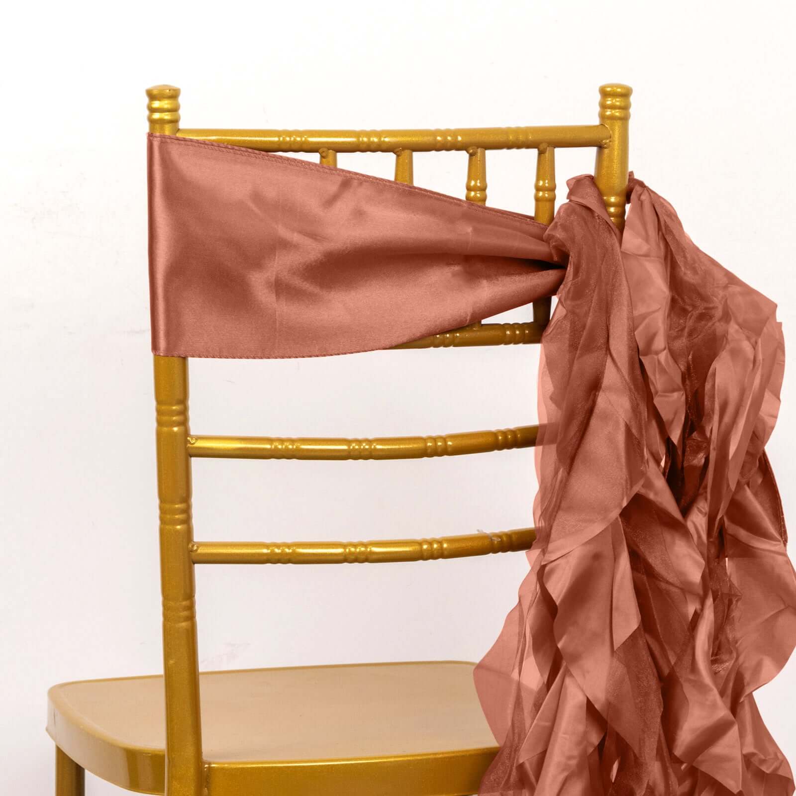 5 Pack Chiffon Satin Chair Sashes Terracotta (Rust) - Easy to Install Ruffled Curly Willow