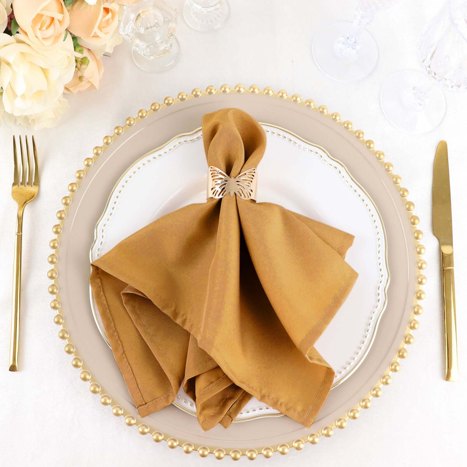 5 Pack Polyester 17x17 Napkins Gold - Durable & Wrinkle Resistant Dinner Napkins for Everyday Dining & Events