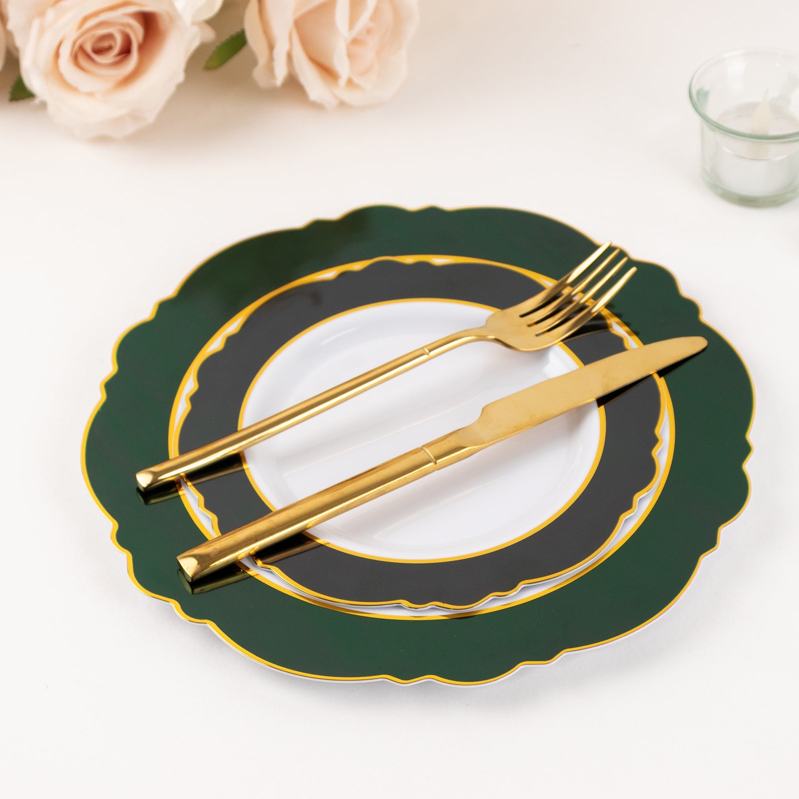 10-Pack Plastic 8 Round Dessert Plates in White with Hunter Emerald Green Blossom Design & Gold Edging - Disposable Salad Appetizer Plates