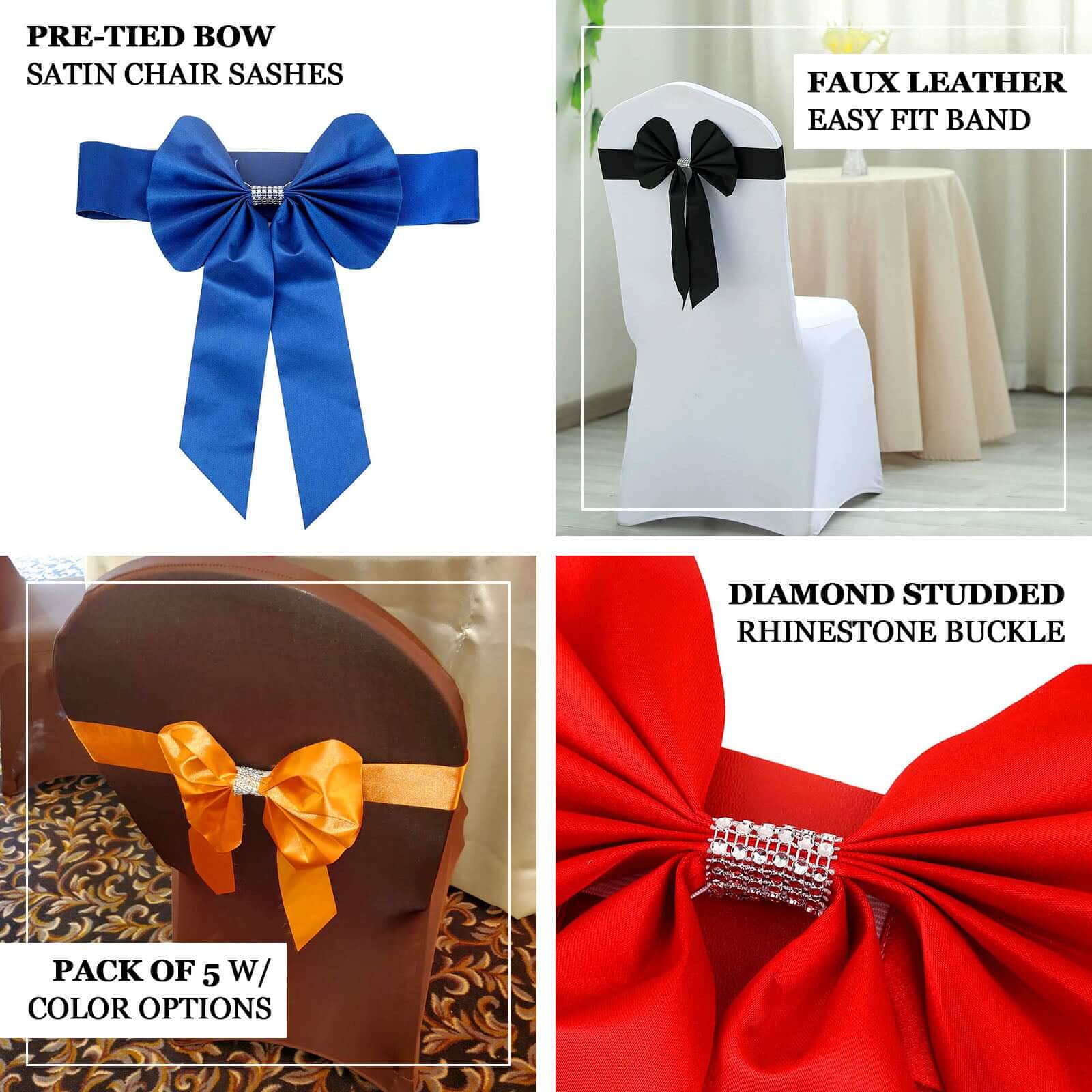 5 Pack Satin Faux Leather Chair Sashes Black - Durable Double Sided Pre-tied Bow Tie Chair Bands with Diamond Rhinestone Buckles Luxurious Party Decor