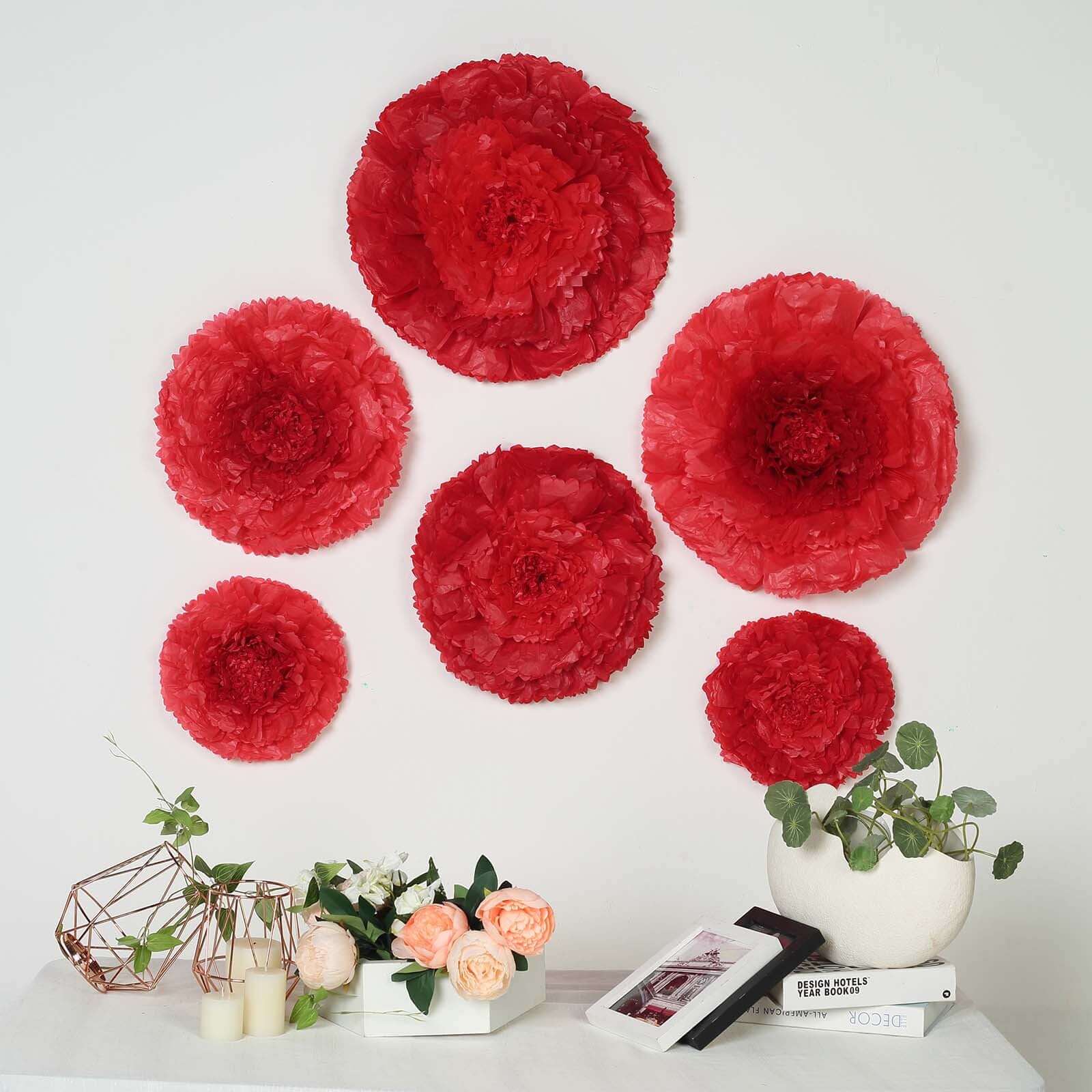 Set of 6 Red Giant Carnation 3D Paper Flowers Wall Decor - 12,16,20