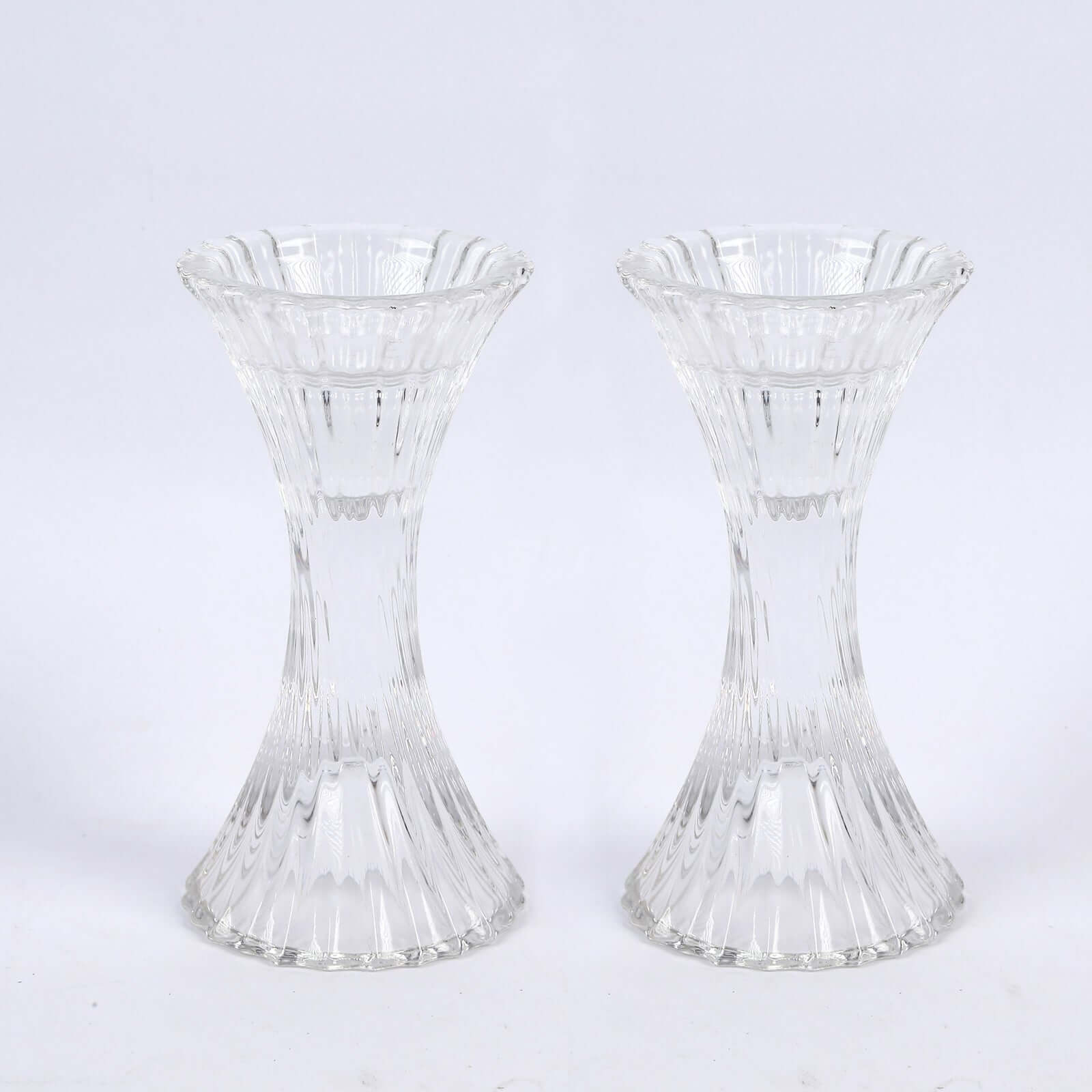 2-Pack Crystal Pillar Candlestick Stands Hour Glass Design with Diagonal Stripes Clear - Reversible Taper Holders 5