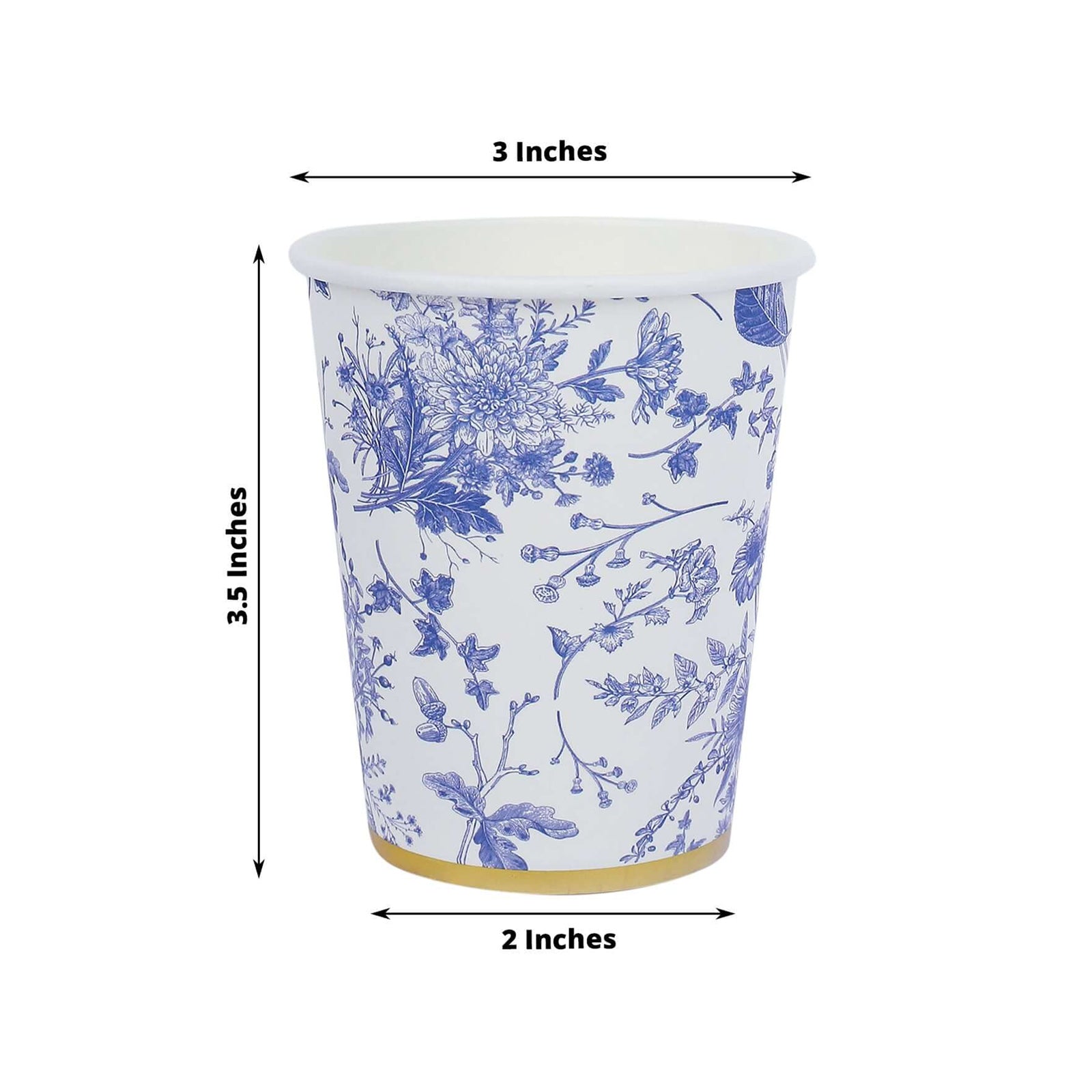 24-Pack Paper Cups in White with Light Blue French Toile Print - Stylish Disposable Floral Party Cups with Gold Rim for Hot & Cold Beverages 9oz