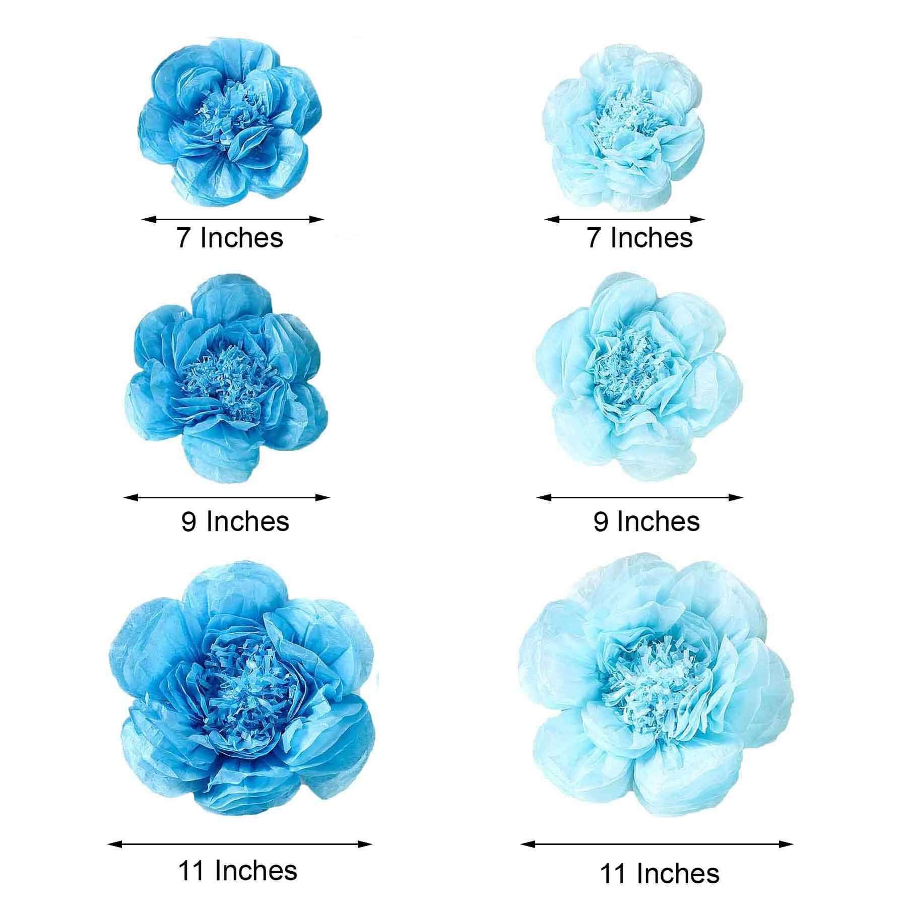 Set of 6 Periwinkle Turquoise Peony 3D Paper Flowers Wall Decor - 7,9,11