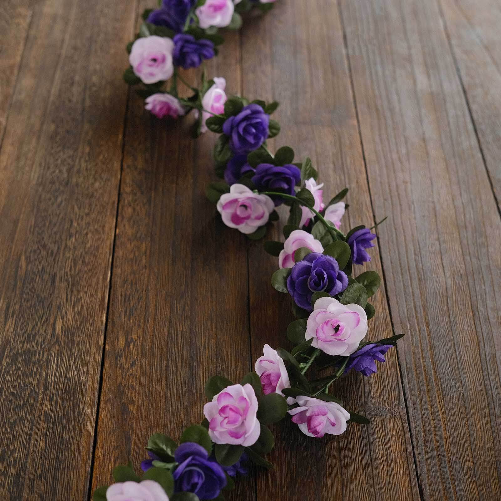 2 Pack 8ft Lavender Purple Artificial Silk Flower Garland Mini Rose Vines with 45 Flower Heads