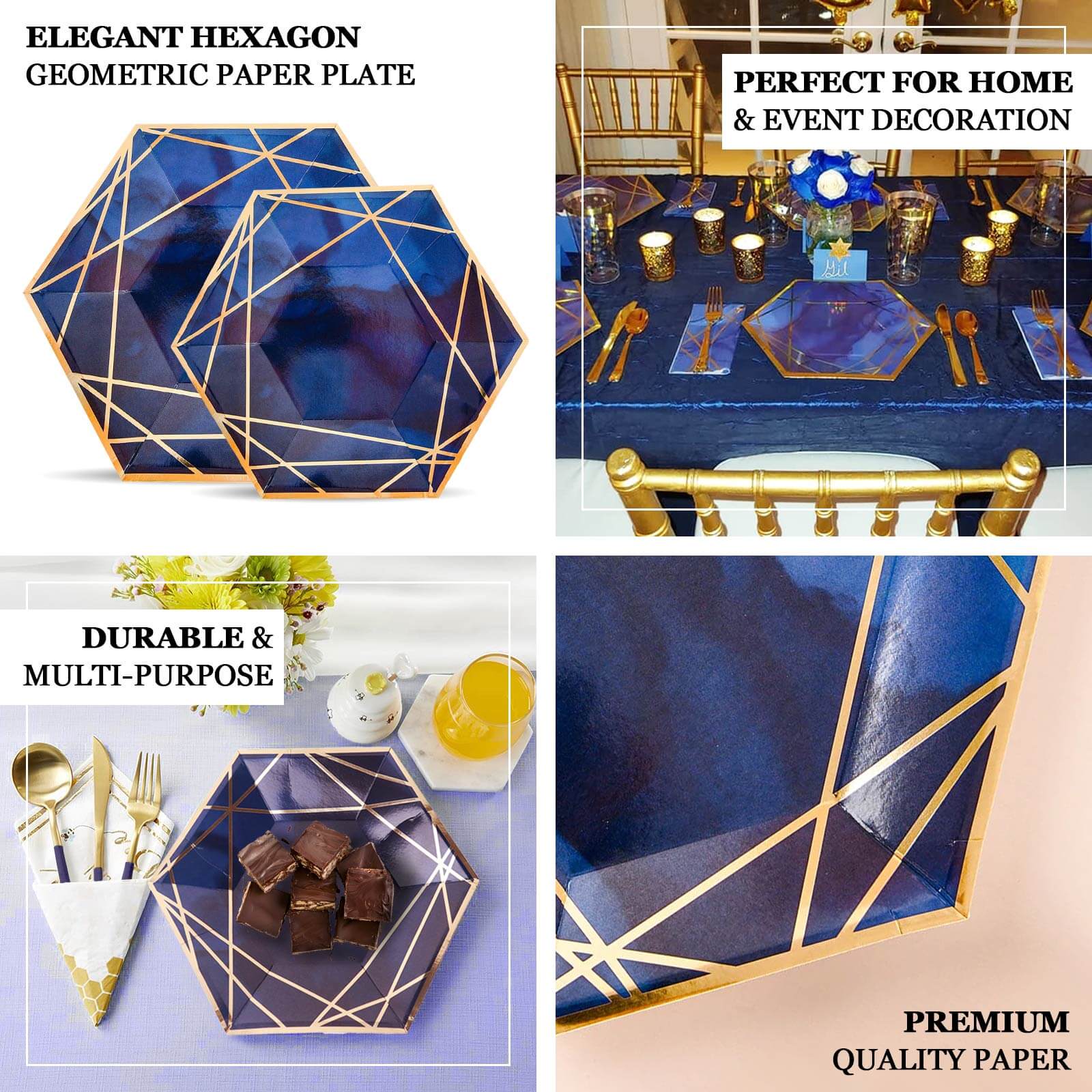 25-Pack Paper 7 Hexagon Dessert Plates in Navy Blue with Gold Geometric Lines & Rim - Stylish Disposable Geometric 300GSM Appetizer Salad Plates