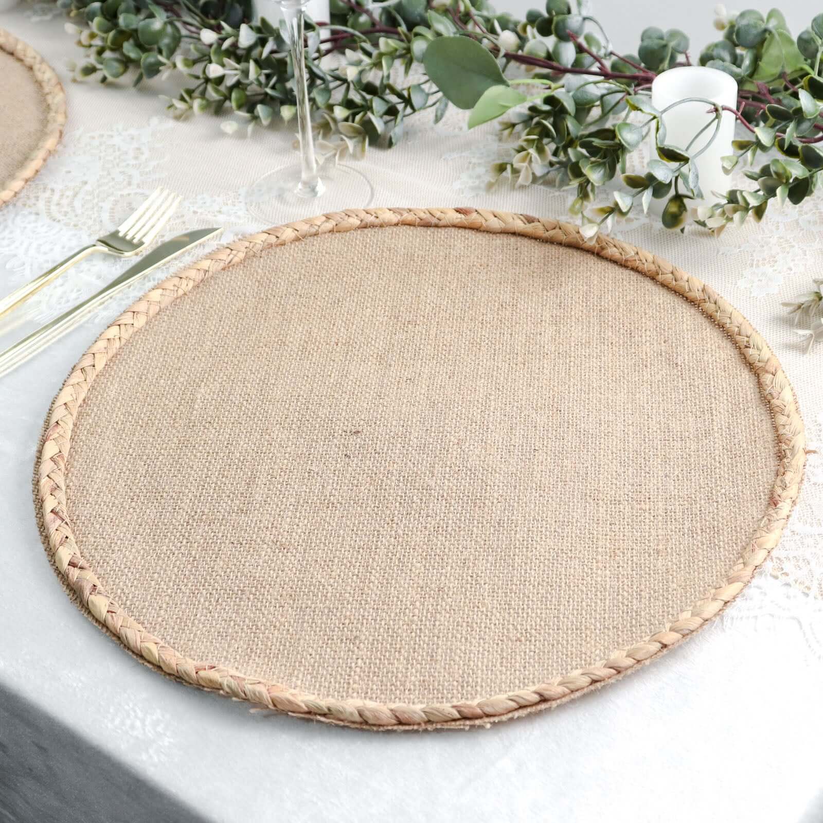 4-Pack Placemats Braided Edge Design Natural Burlap Jute Round - Rustic Farmhouse Style with Trim 15