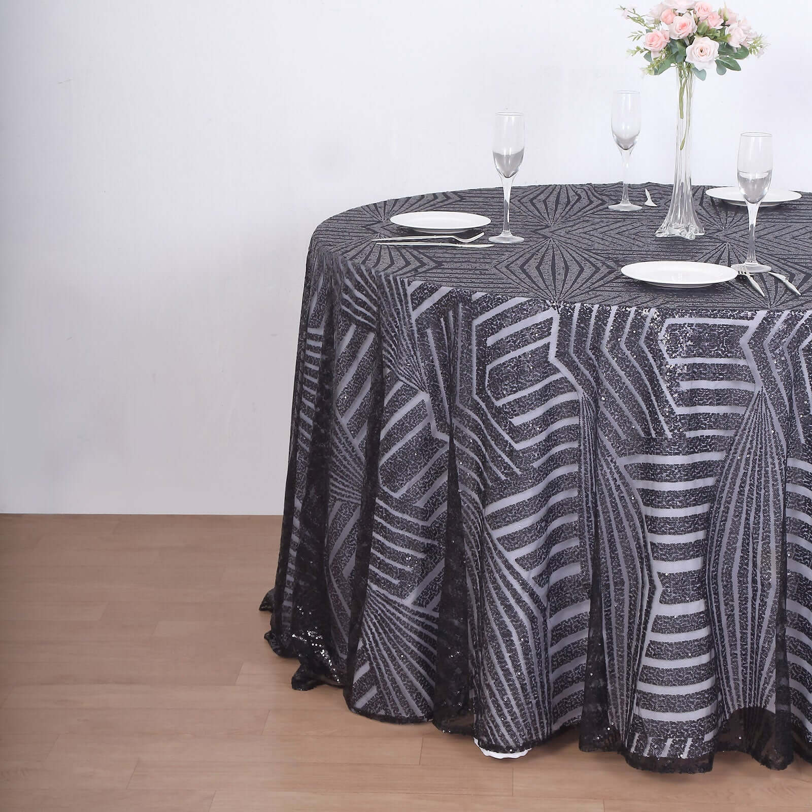 Sequin 120 Round Tablecloth Black - Seamless Diamond Glitz Table Cover