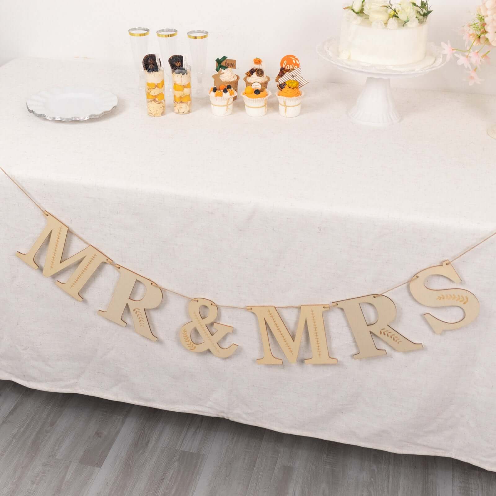 10ft Natural Pre-Strung Mr & Mrs Wooden Letter Banner with Botanical Design, Handmade Rustic Wedding Anniversary Garland