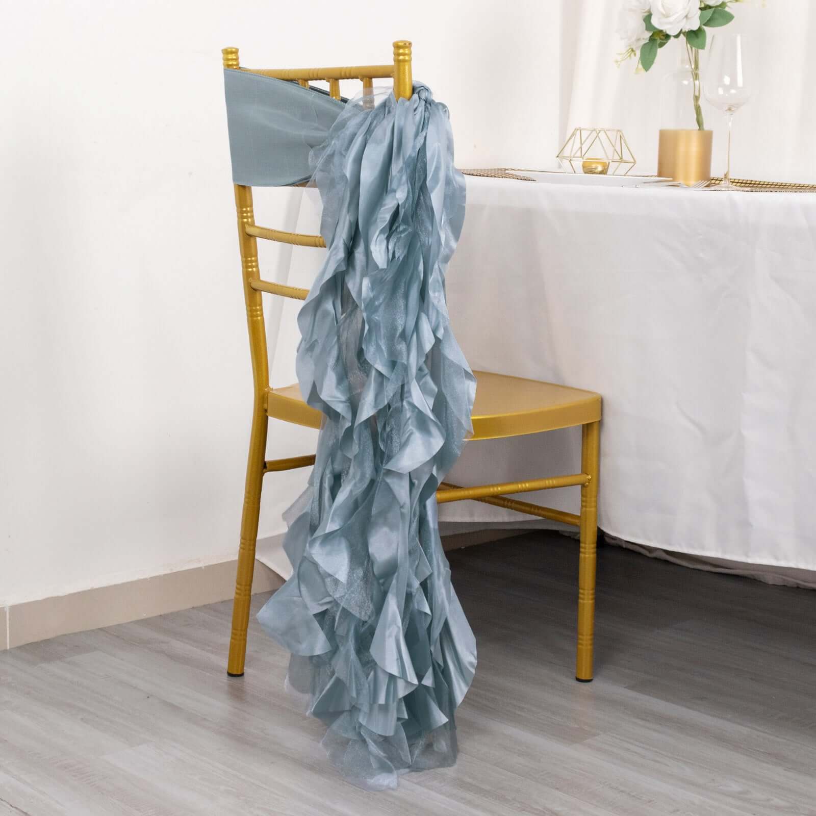 5 Pack Chiffon Satin Chair Sashes Dusty Blue - Easy to Install Ruffled Curly Willow