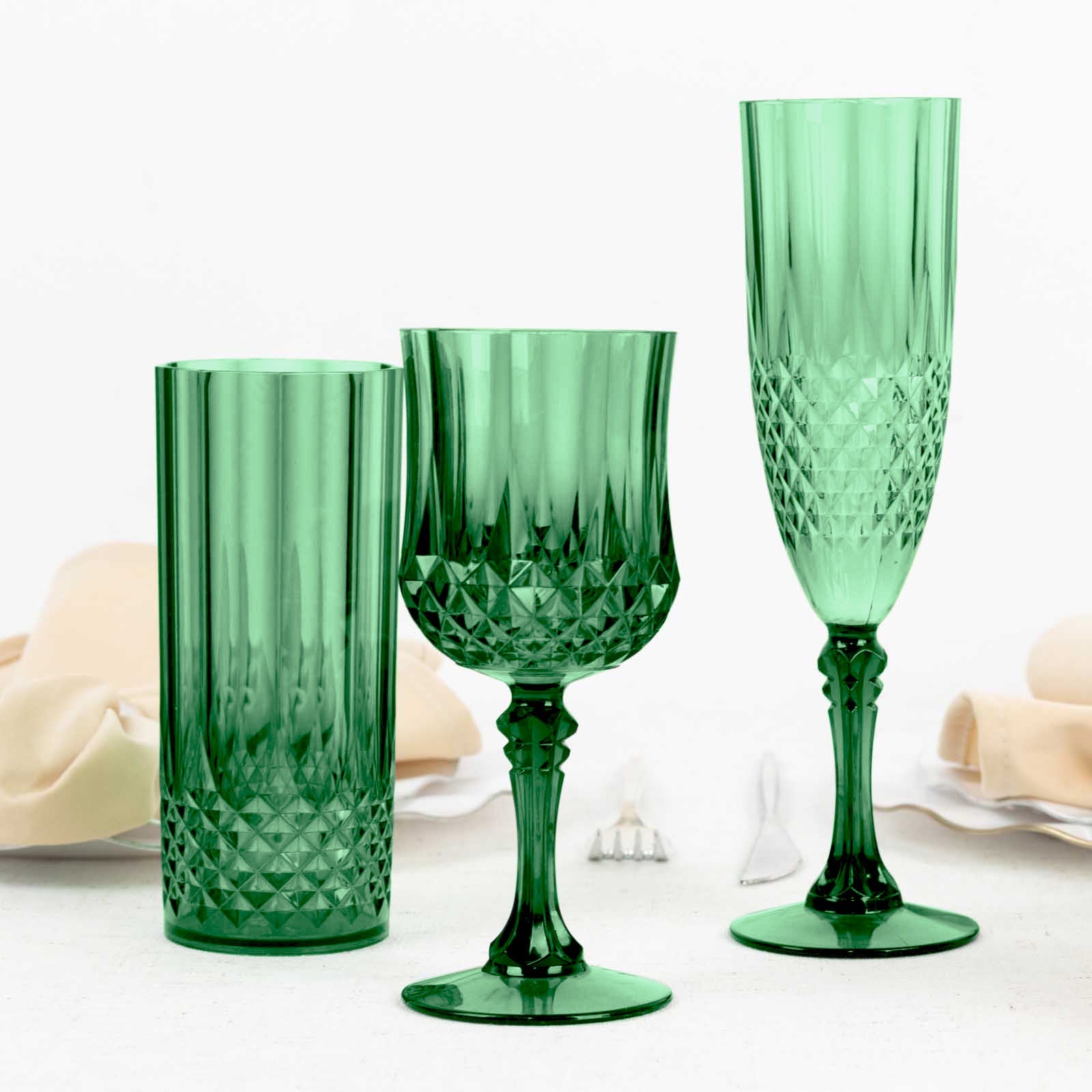 6-Pack Plastic Wedding Toast Flutes Hunter Emerald Green Transparent Crystal Cut Style - Reusable Champagne Glasses 8oz