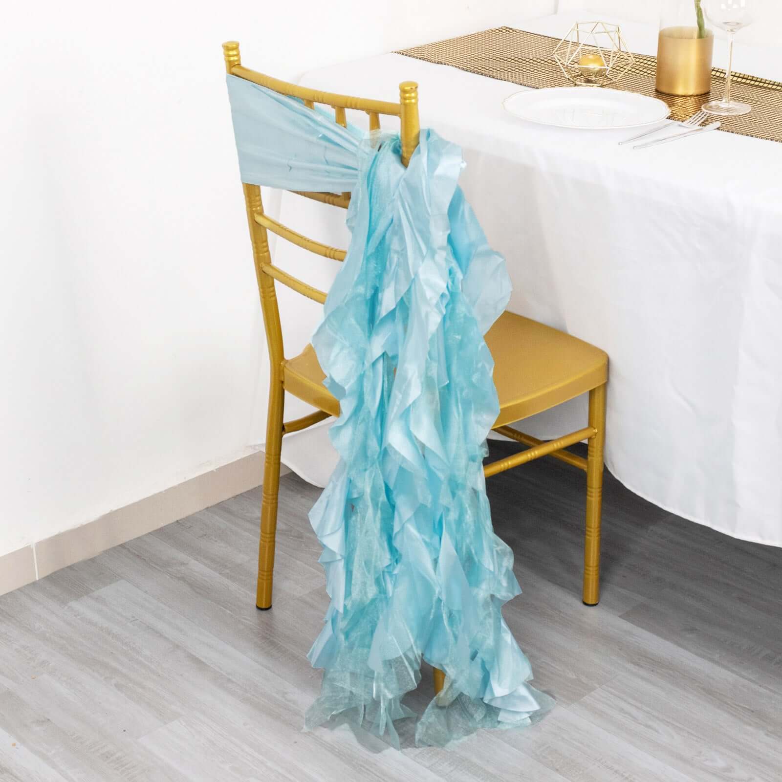 5 Pack Chiffon Satin Chair Sashes Light Blue - Easy to Install Ruffled Curly Willow