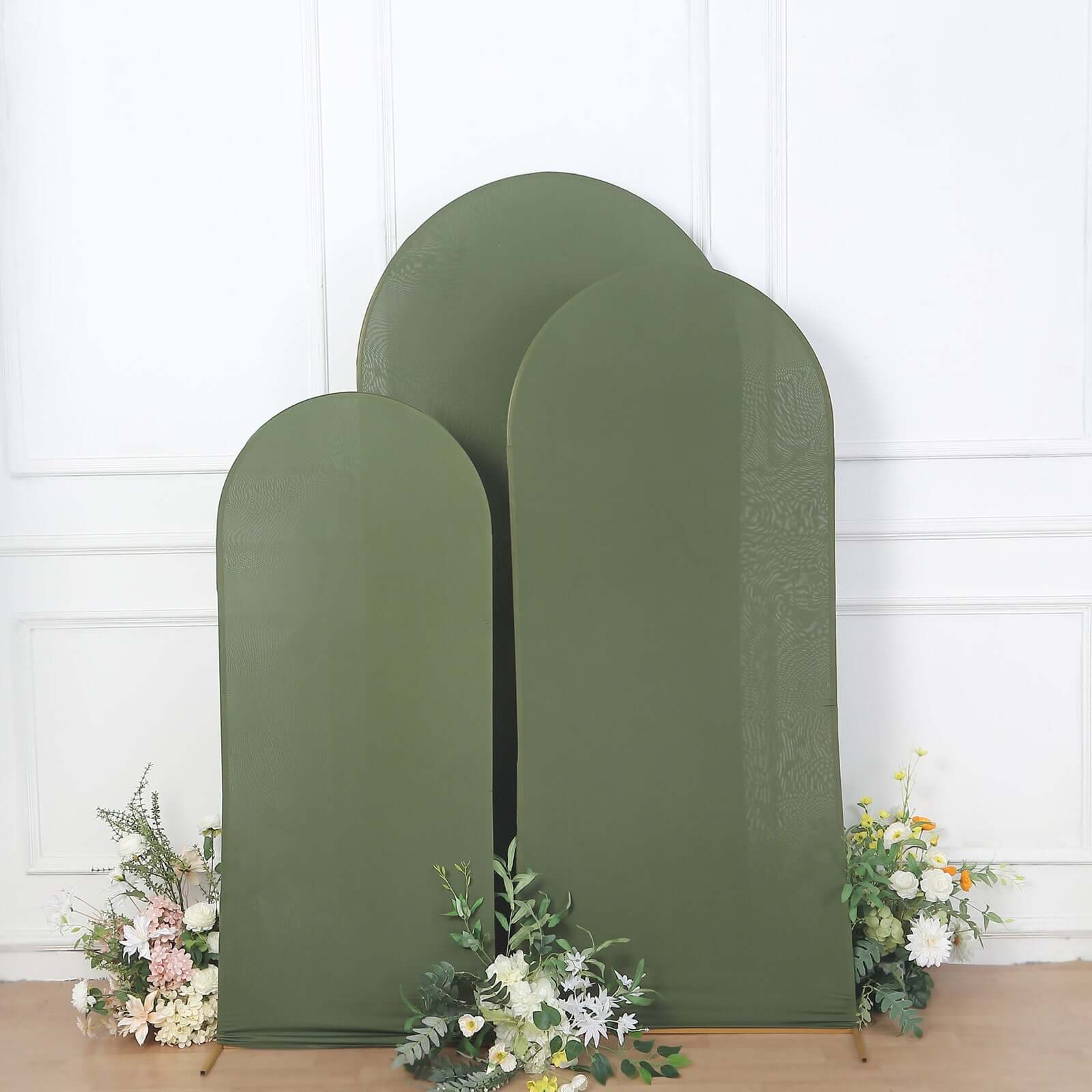 Set of 3 Matte Olive Green Spandex Fitted Chiara Backdrop Stand Cover For Round Top Wedding Arch - 5ft, 6ft, 7ft