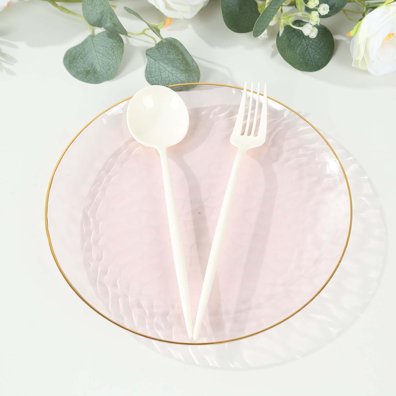 10-Pack Plastic 9 Round Dinner Plates in Transparent Blush Hammered Design with Gold Rim - Modern Disposable Party Plates