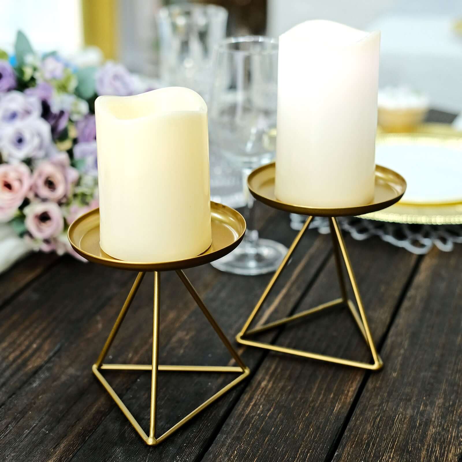 2-Pack Pillar Candle Holders Gold Metal Geometric Triangle Base Design - Decorative Centerpiece 5