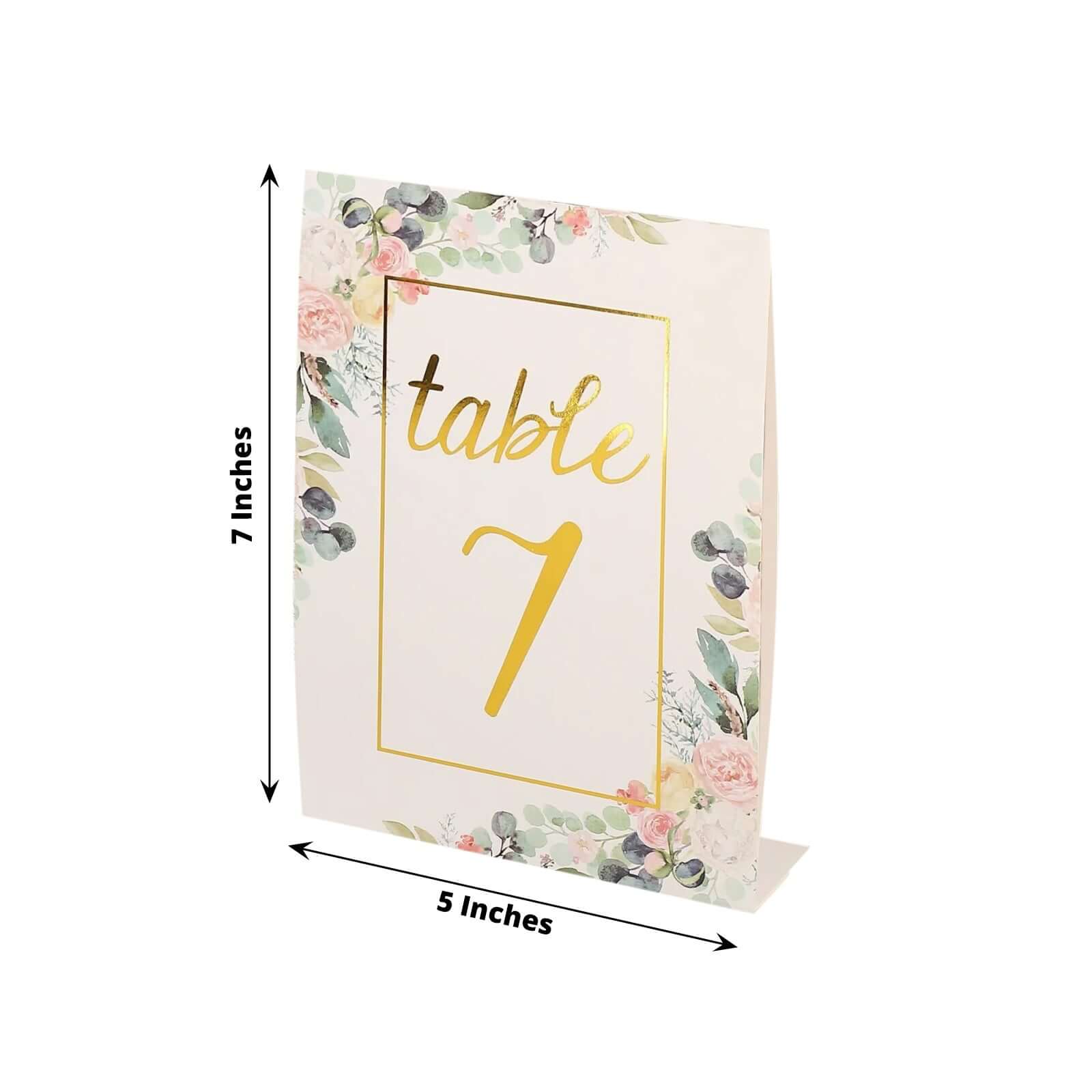 25-Pack Paper Wedding Table Numbers 1-25 White Peony Flower Design - Free Standing Double Sided Table Signs with Glam Gold Foil Numbers 7