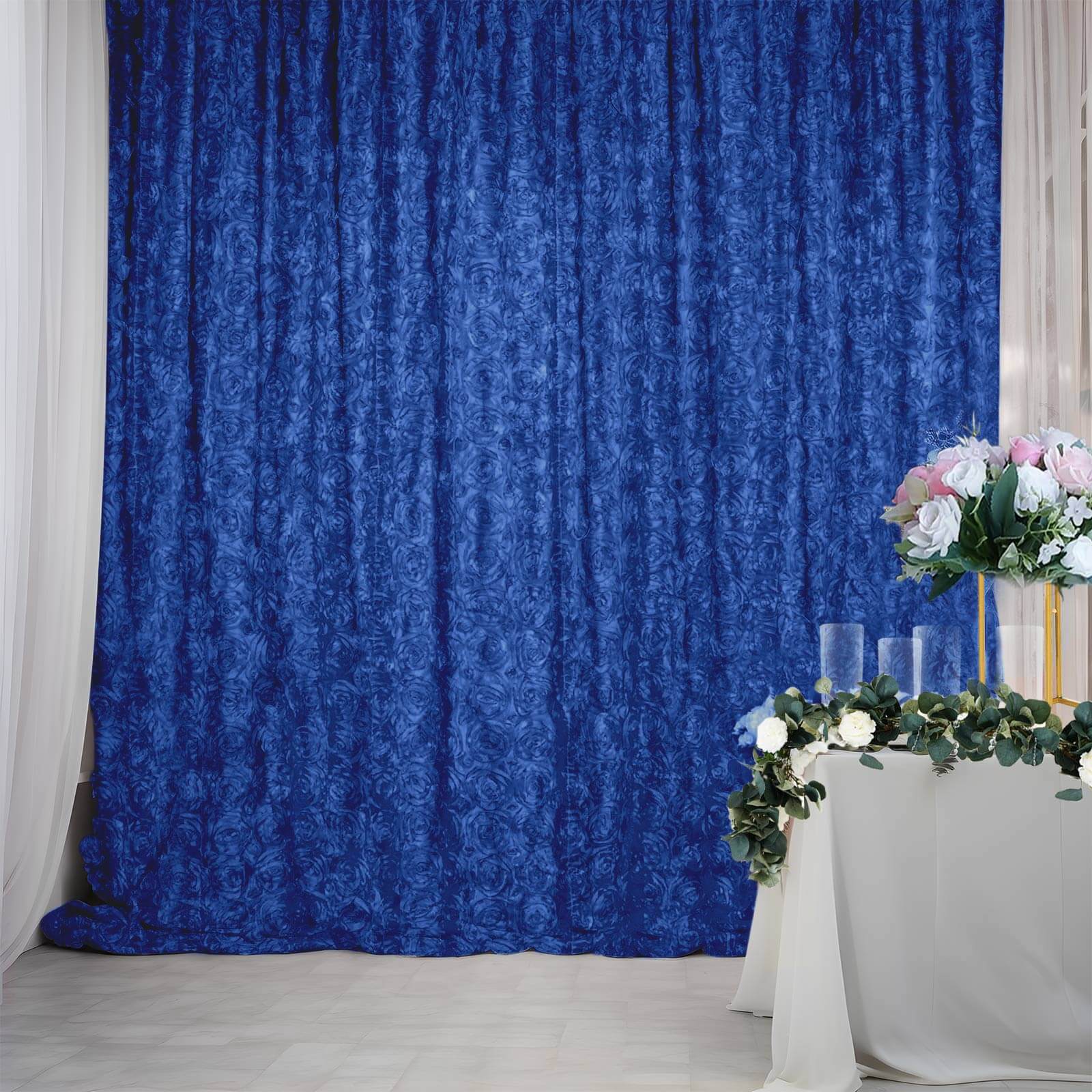 8ftx8ft Royal Blue Satin Rosette Event Curtain Drapes, Backdrop Event Panel