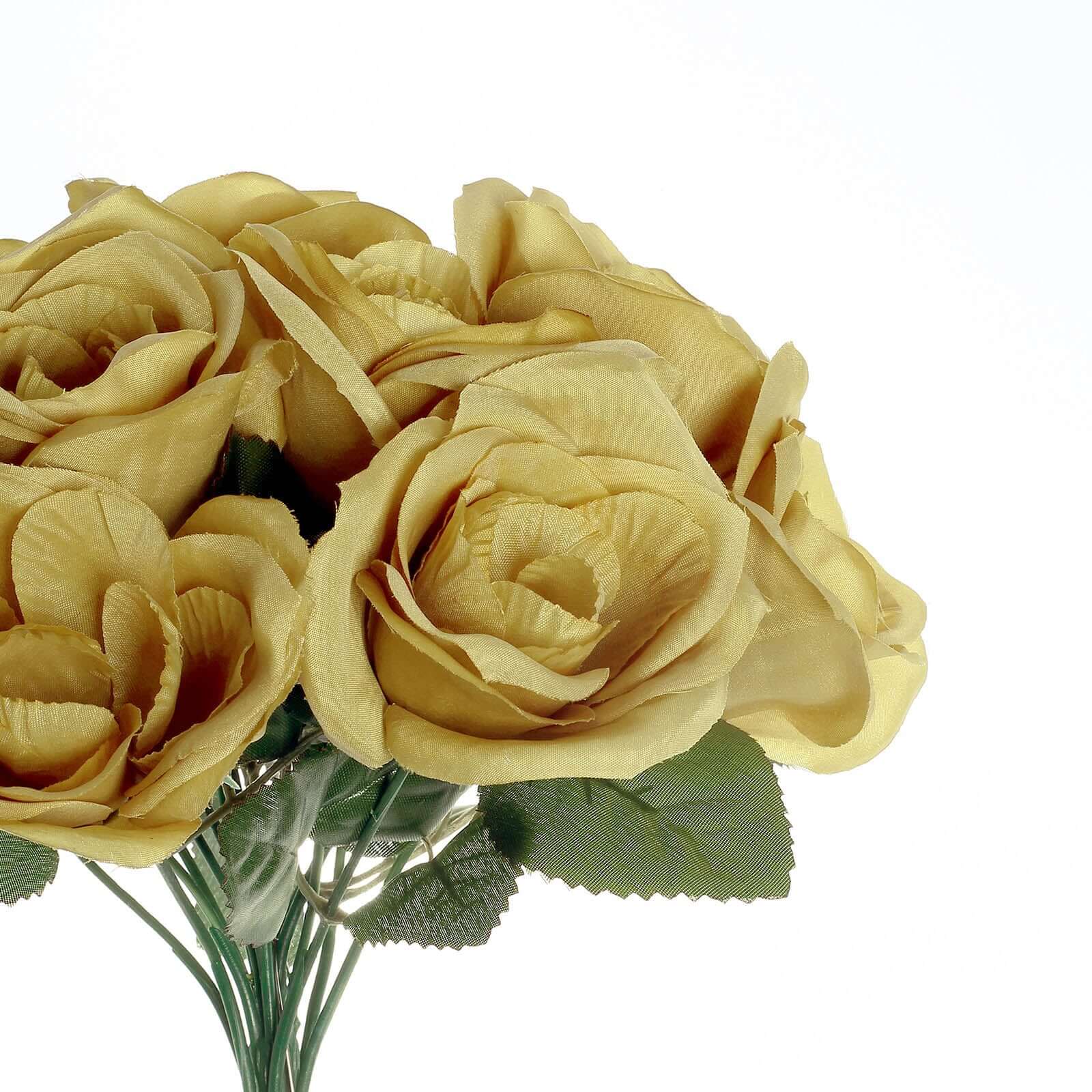 12 Gold Artificial Velvet-Like Fabric Rose Flower Bouquet Bush