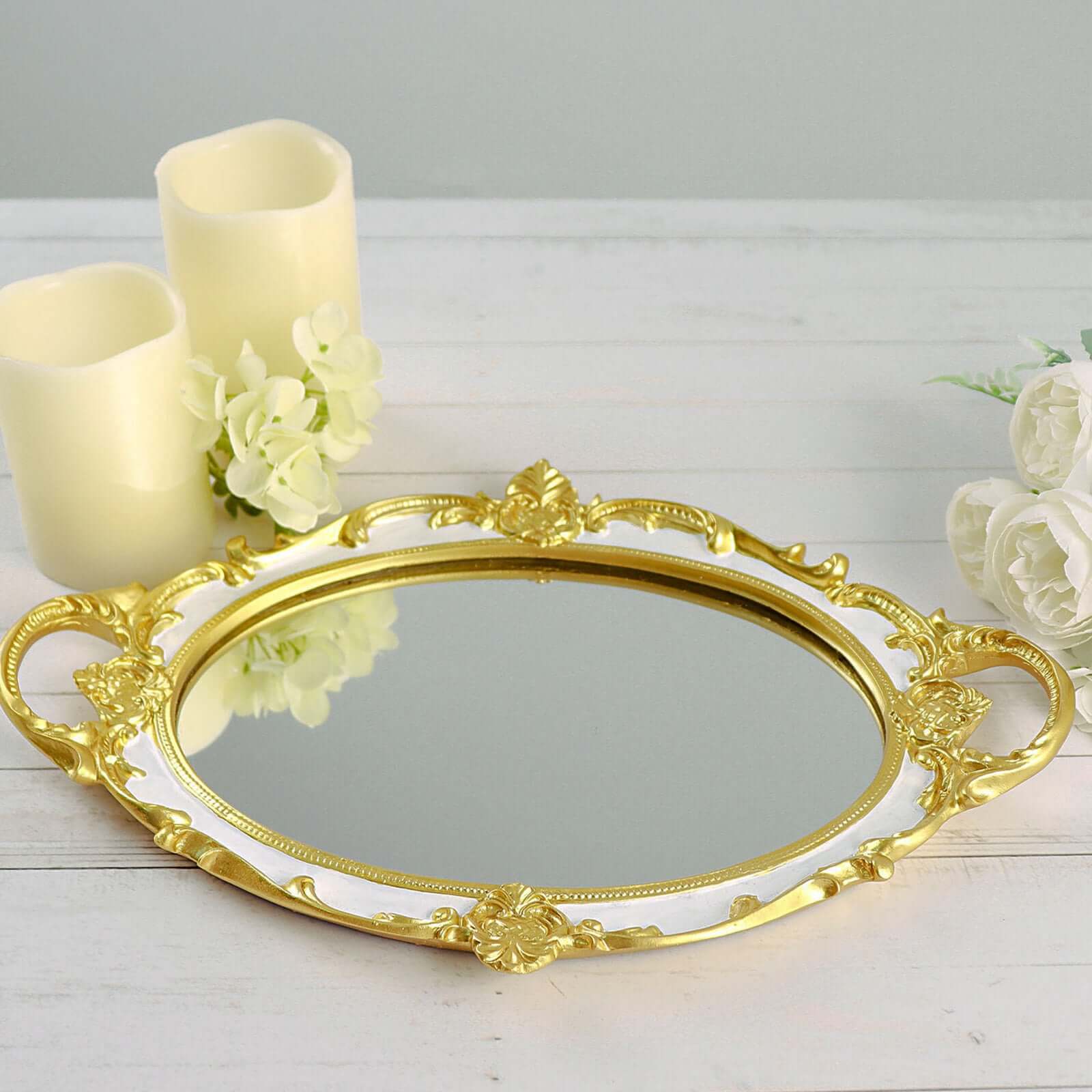 Resin Mirrored Vanity Oval Serving Tray 14x10 in White with Metallic Gold Baroque Design, Stylish Decorative Vanity Tray Centerpiece