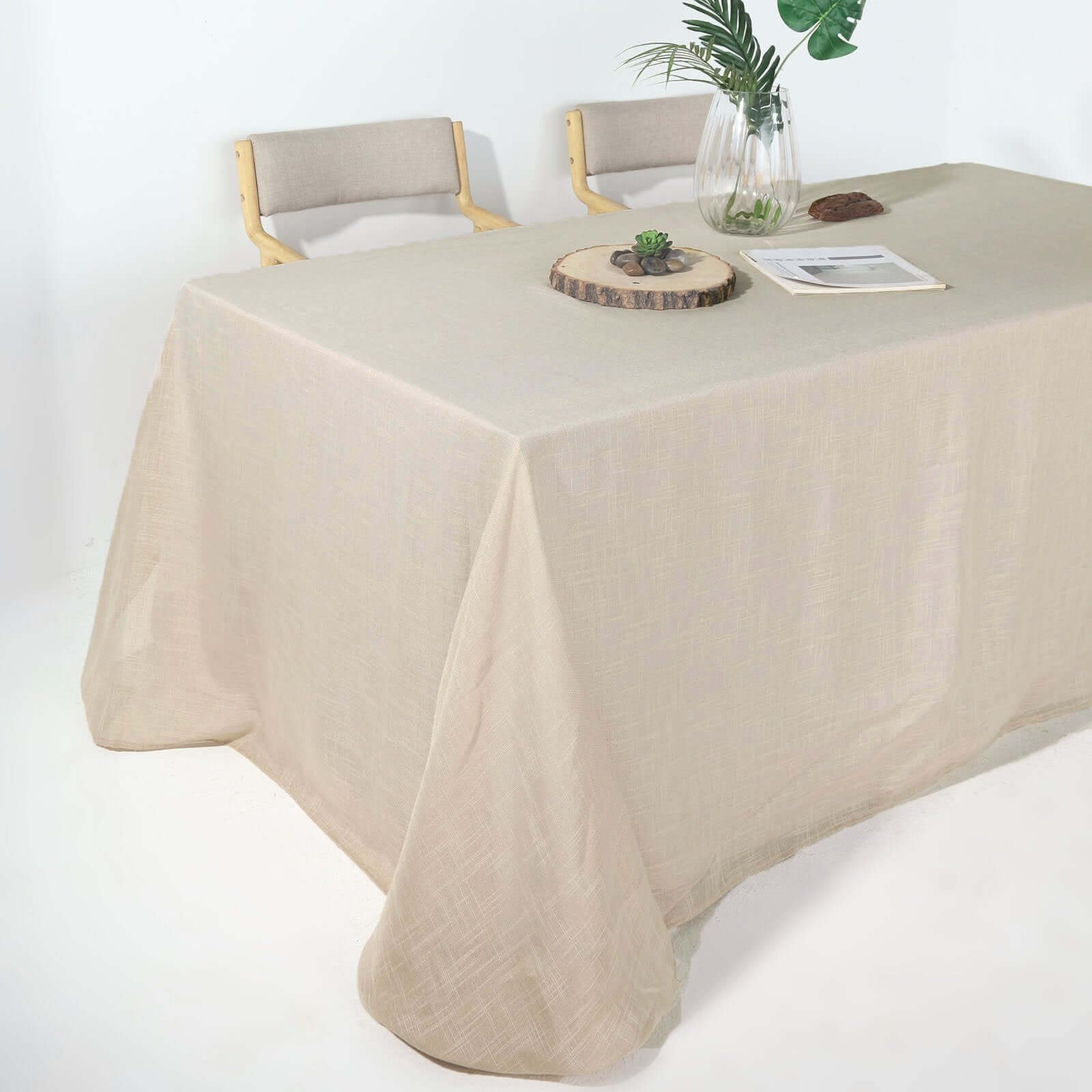 Faux Linen 90x156 Rectangular Tablecloth Beige - Slubby Texture Wrinkle-Resistant Seamless Table Cover