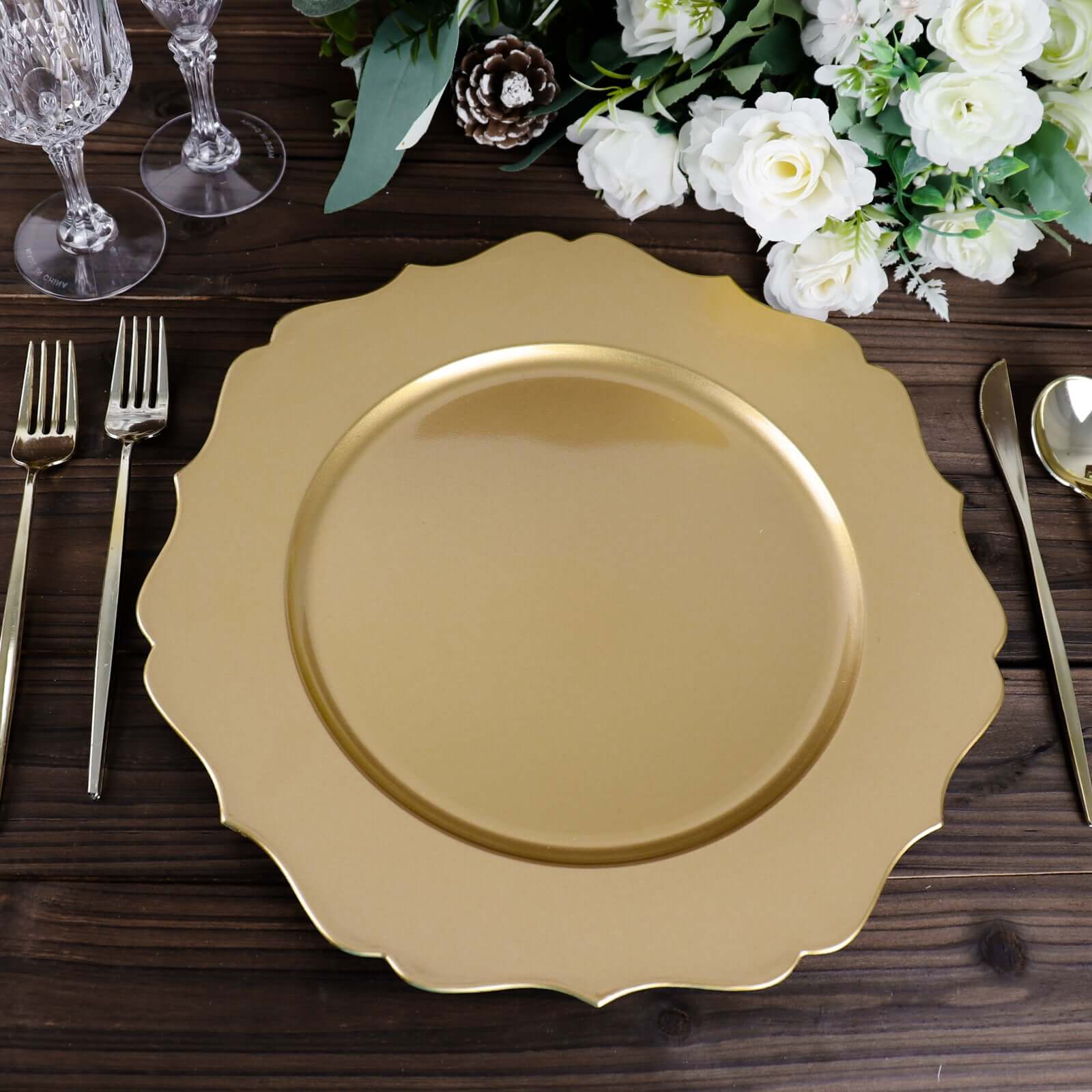 6 Pack 13 Metallic Gold Acrylic Charger Plates Scalloped Rim, Gold Plastic Charger Plates