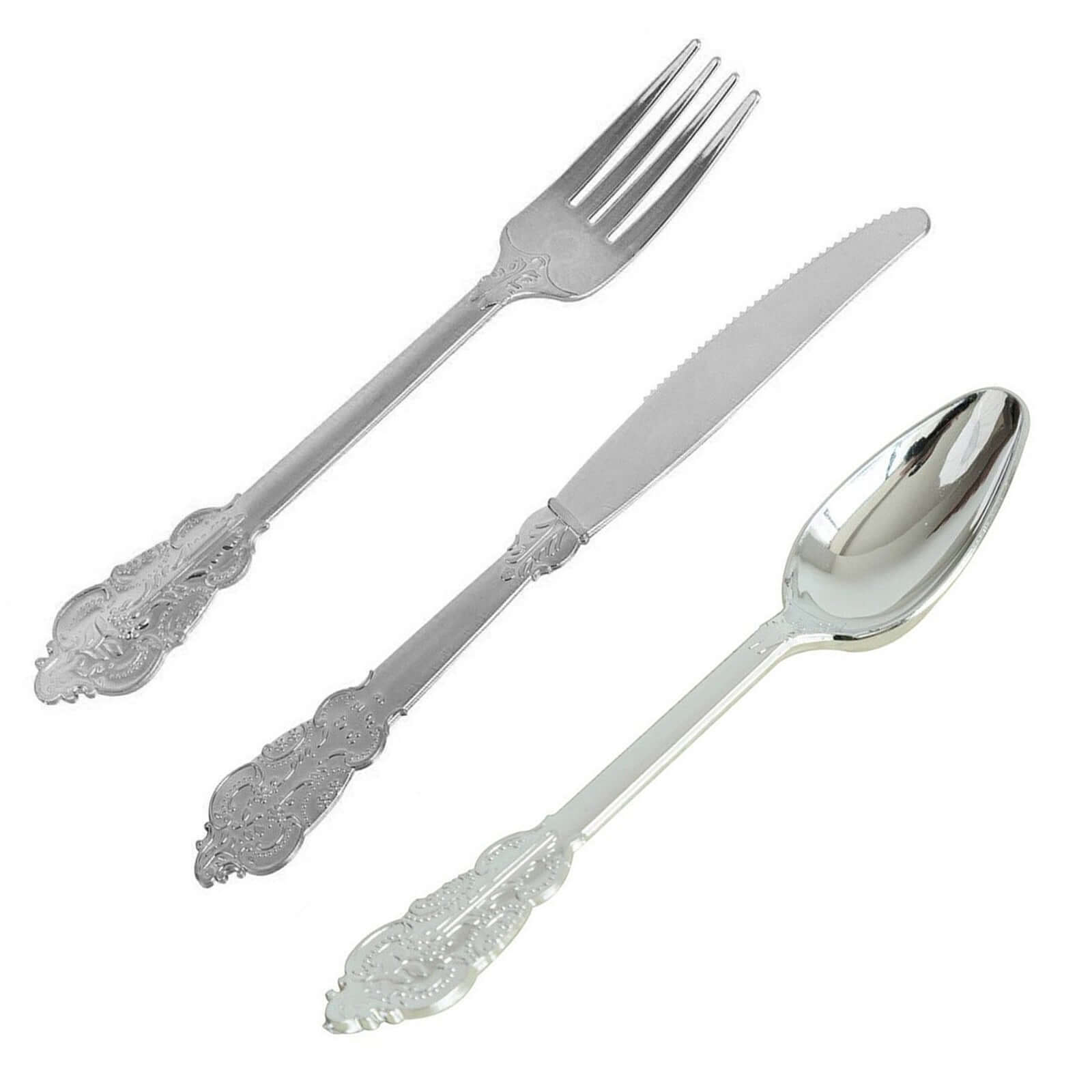 72 Pcs Plastic Silverware Set in Baroque Style Metallic Silver - Heavy Duty Disposable Knife, Fork, and Spoon Set