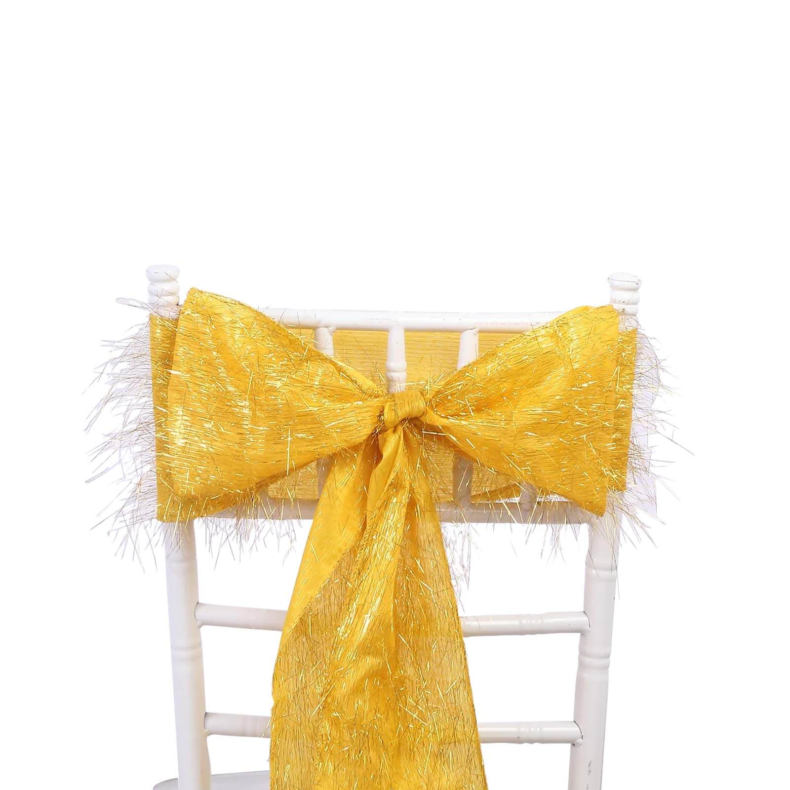 5 Pack Polyester Chair Sashes Gold Metallic Tinsel Fringe - Easy to Use Sparkly Chair Bows 6x108