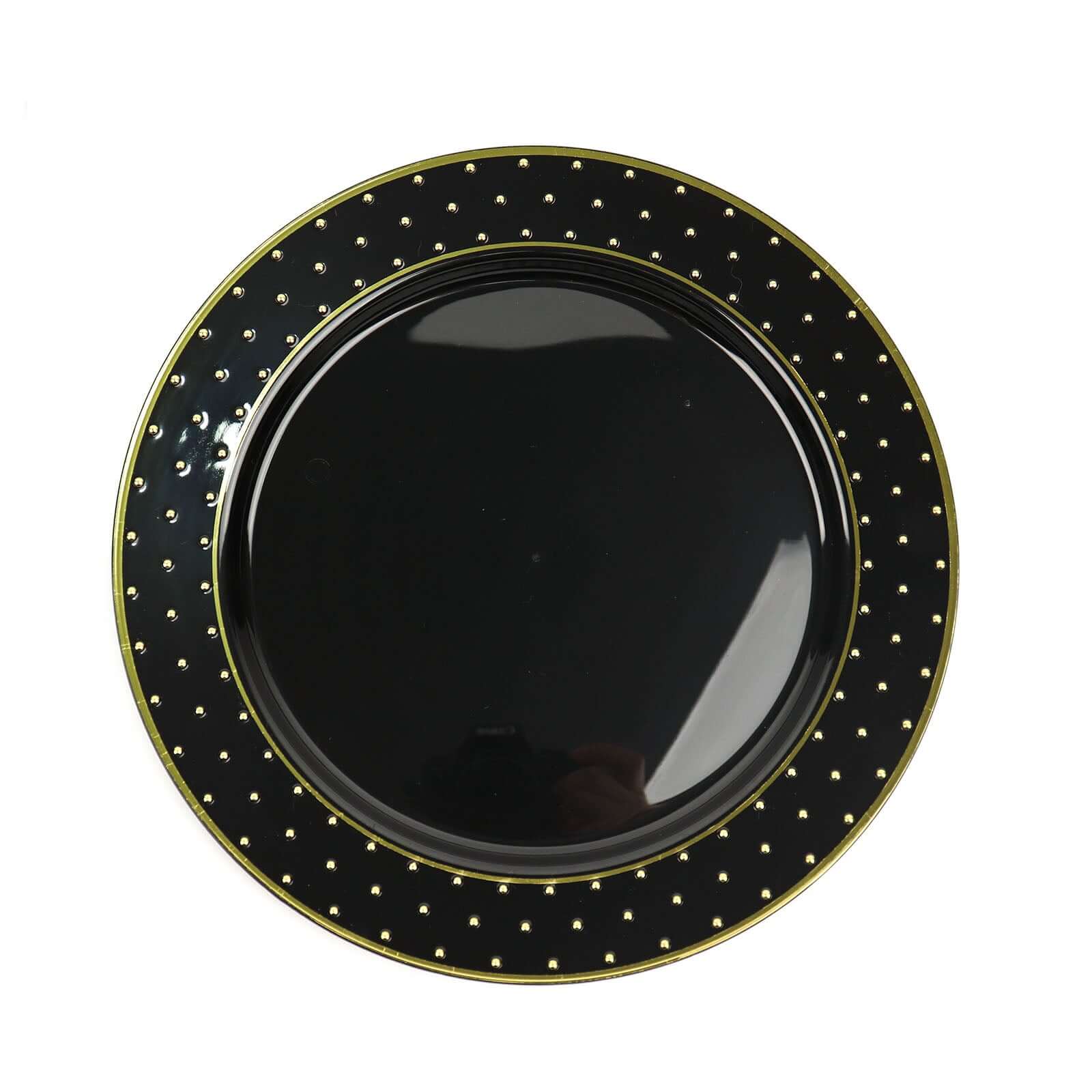 10-Pack Plastic 7.5 Round Dessert Plates in Black with Gold 3D Polka Dotted Rim - Durable Disposable Appetizer Salad Plates for Modern Themed Events & Banquets