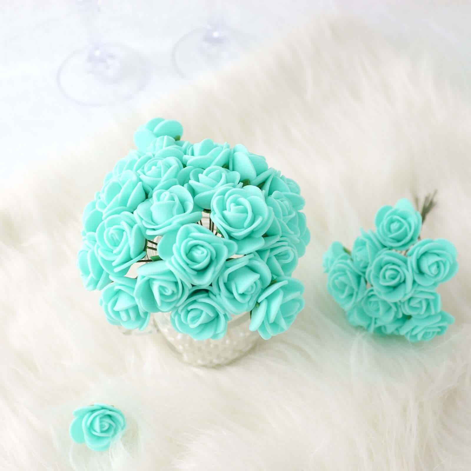 48 Roses 1 Turquoise Real Touch Artificial DIY Foam Rose Flowers With Stem, Craft Rose Buds