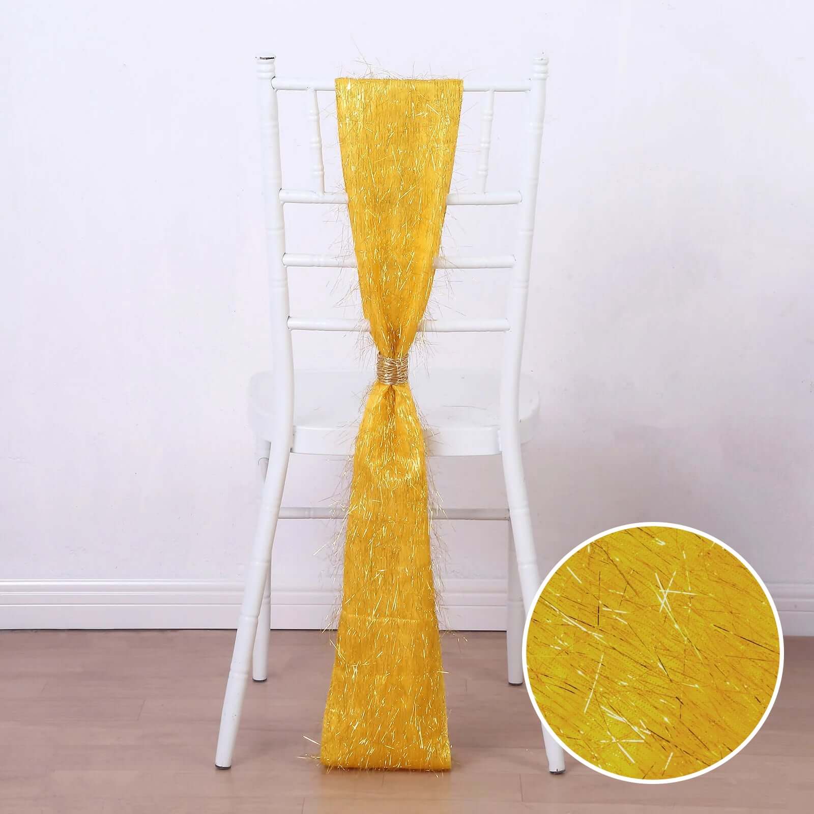 5 Pack Polyester Chair Sashes Gold Metallic Tinsel Fringe - Easy to Use Sparkly Chair Bows 6x108