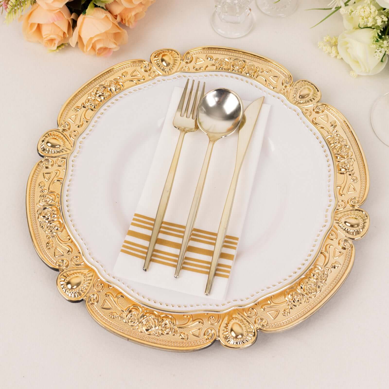 6-Pack Acrylic Round Charger Plates 13 in Gold Floral Embossed with Scalloped Rim, Plastic Decorative Charger Tableware