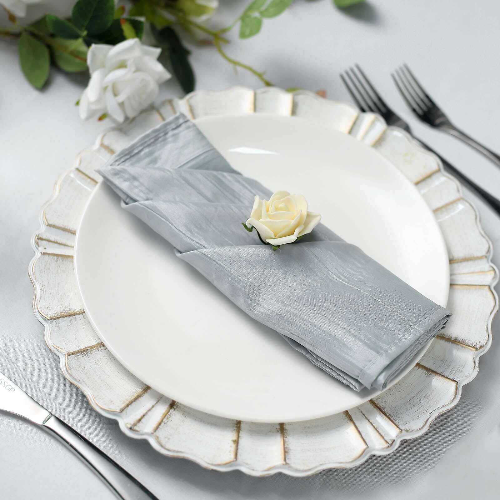 5 Pack Taffeta 20x20 Napkins Silver - Accordion Crinkle Dinner Napkins