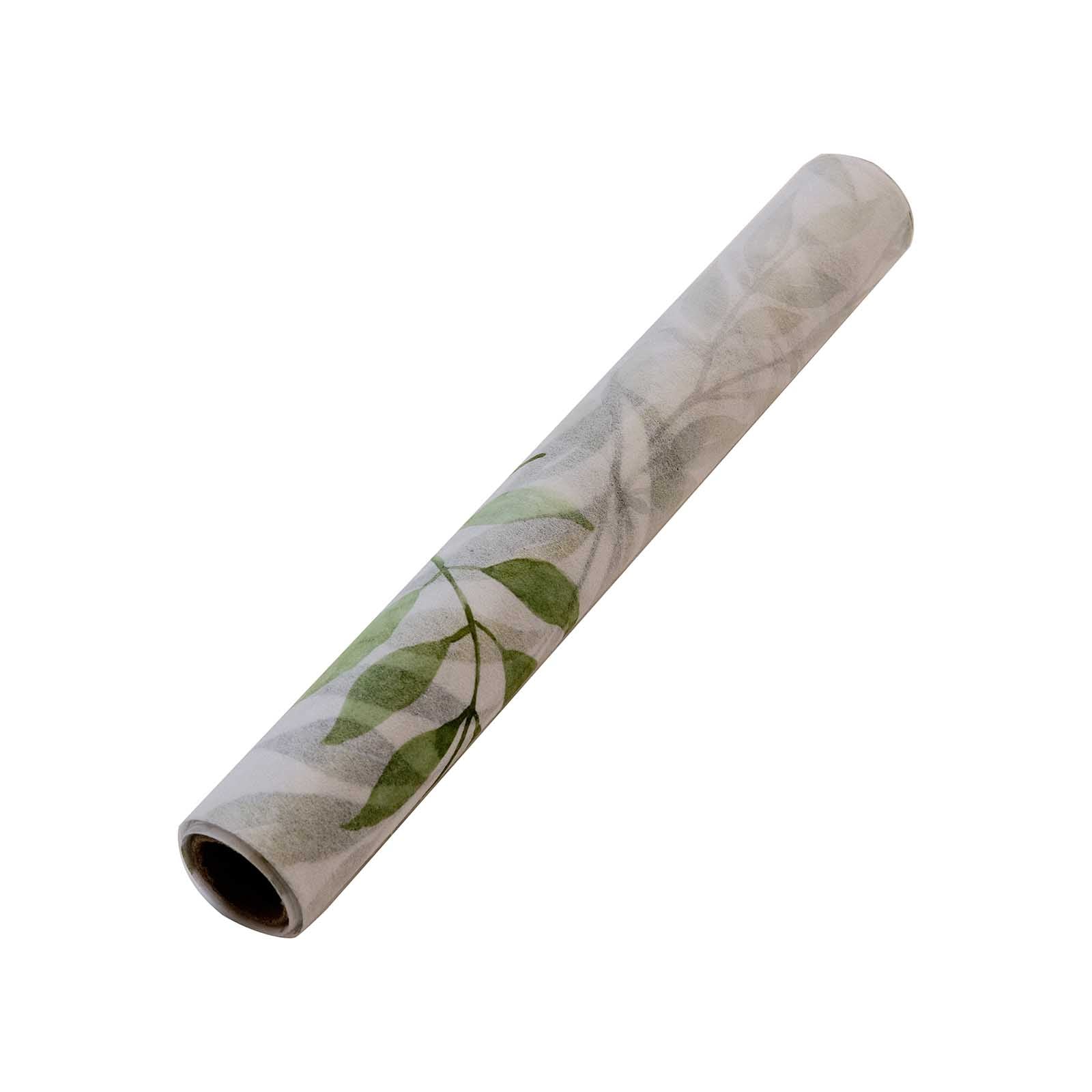 Disposable Table Runner 11x108 White with Green Olive Leaves Print - Non-woven Stylish Spring Summer Dining Decor