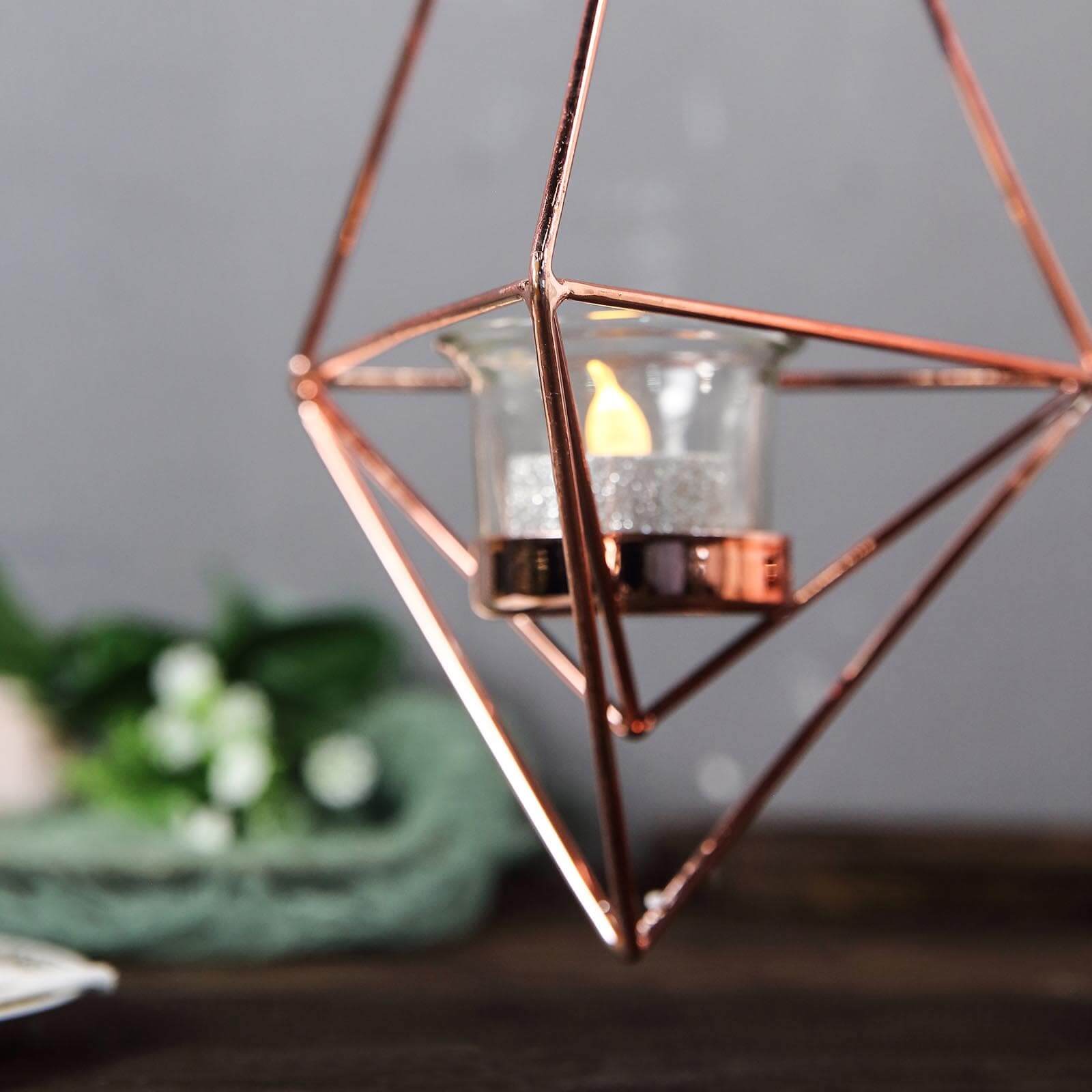 Set of 2 Hanging Tealight Candle Holders Rose Gold Metal Diamond Geometric Open Frame - Flower Terrariums 12, 15