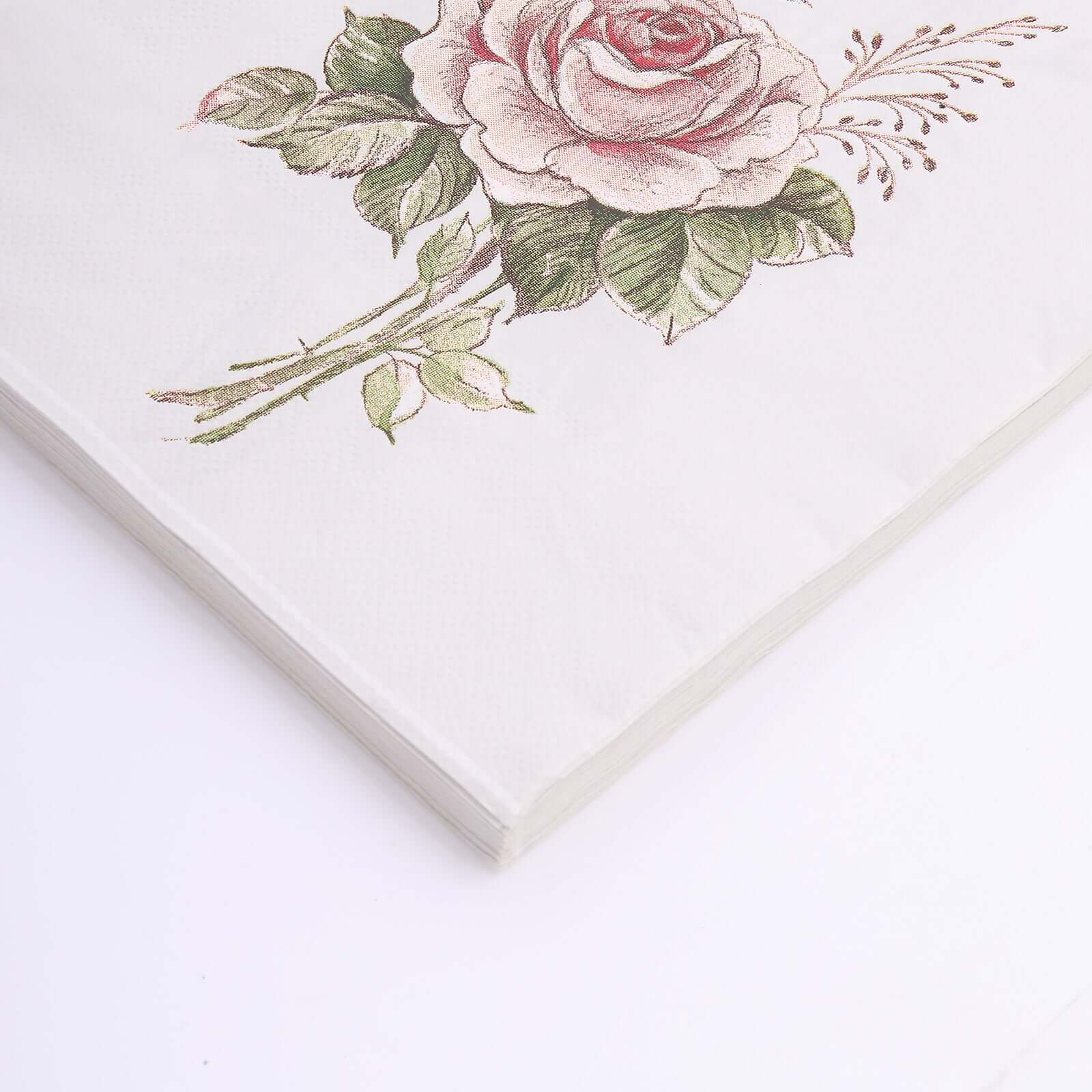 50-Pack Paper Beverage Napkins with Pink Floral Design Ivory - 2 Ply Soft 18GSM Rose Garden Wedding Napkins 6.5x6.5