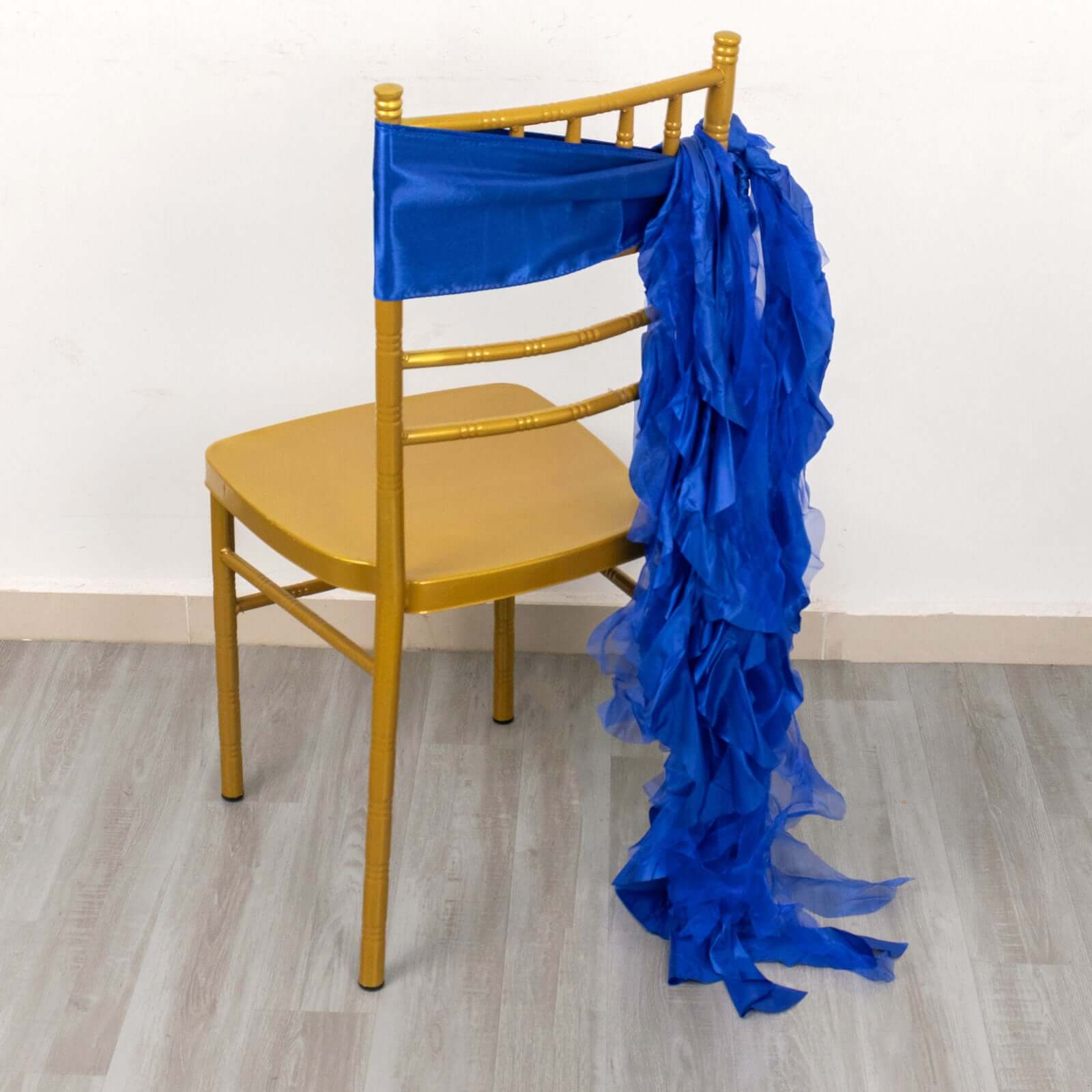 5 Pack Chiffon Satin Chair Sashes Royal Blue - Easy to Install Ruffled Curly Willow