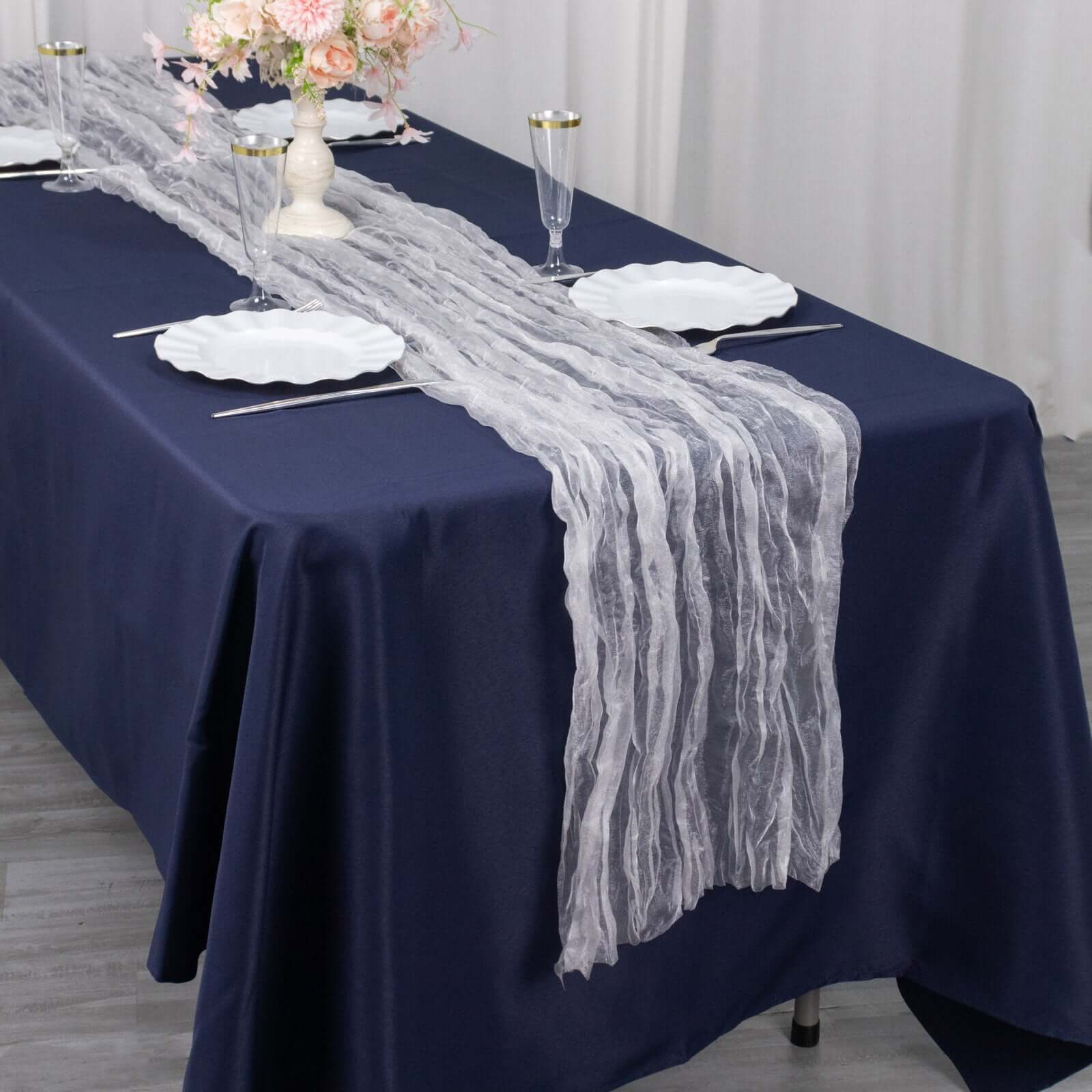 Sheer Crinkled Organza 9ft Table Runner White - Rustic Style Shimmer Chiffon Runner