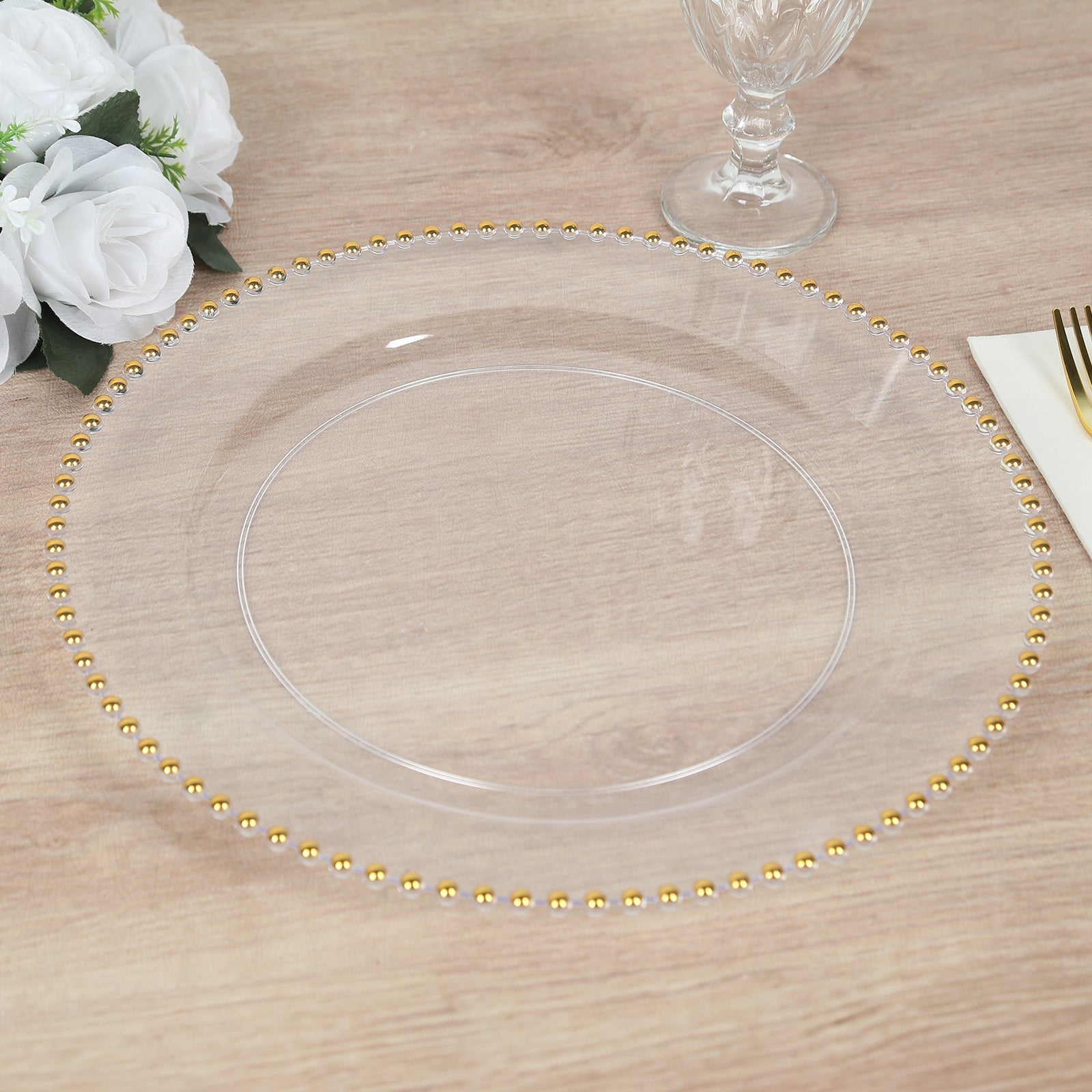 10-Pack Economy Round Plastic Charger Plates 13 in Clear with Gold Beaded Rim, Stylish Dinner Party Serving Plates