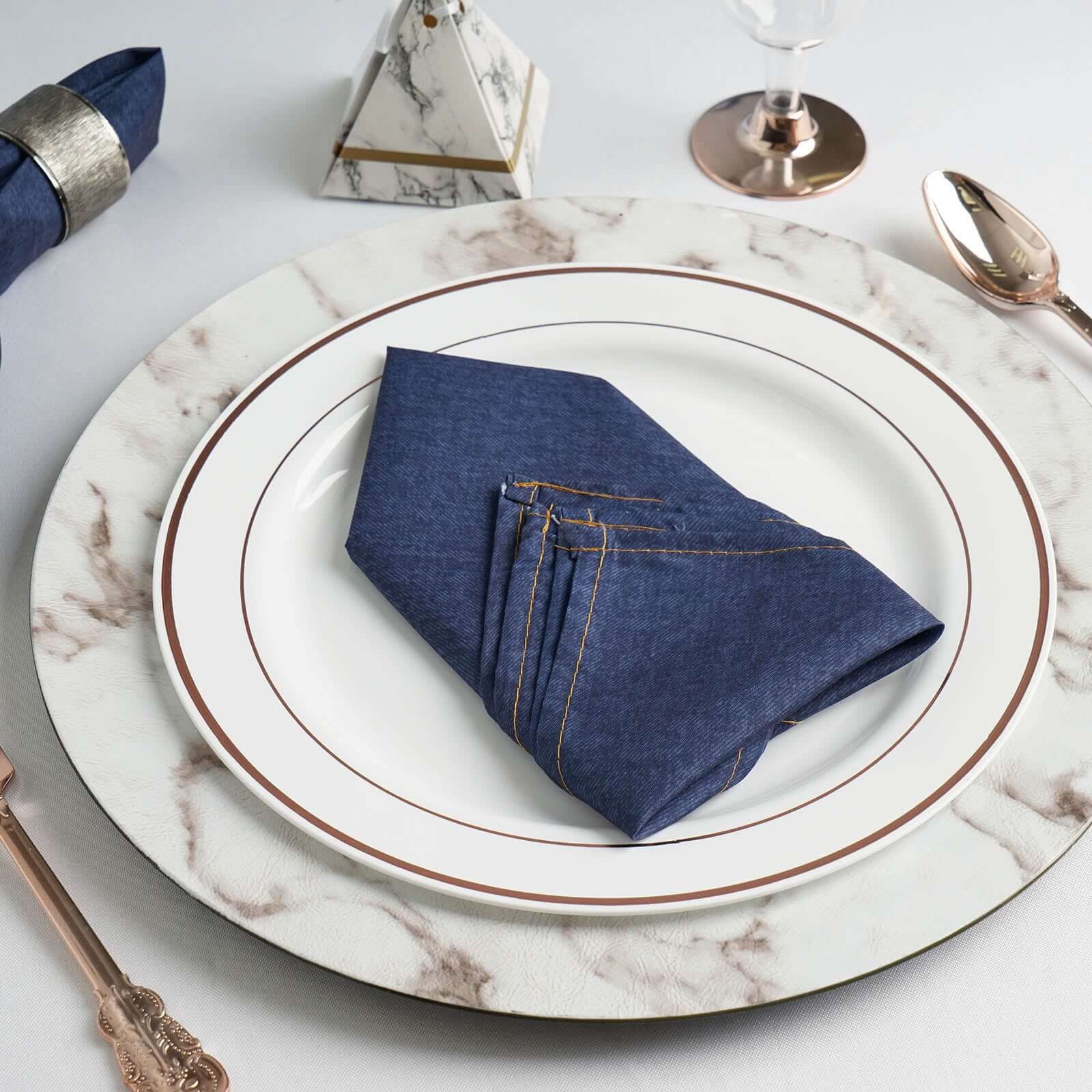 5 Pack Polyester 17x17 Napkins Navy Blue Faux Denim Style Dinner Napkins for Casual Gatherings & Themed Events