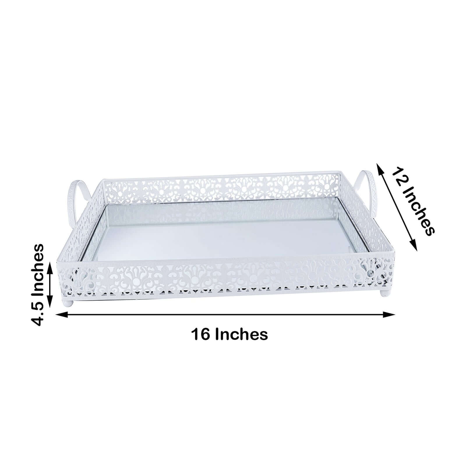 Metal Mirrored Rectangle Serving Tray 16x12 in White Fleur De Lis Design with Handles, French Inspired Decorative Vanity Tray Centerpiece