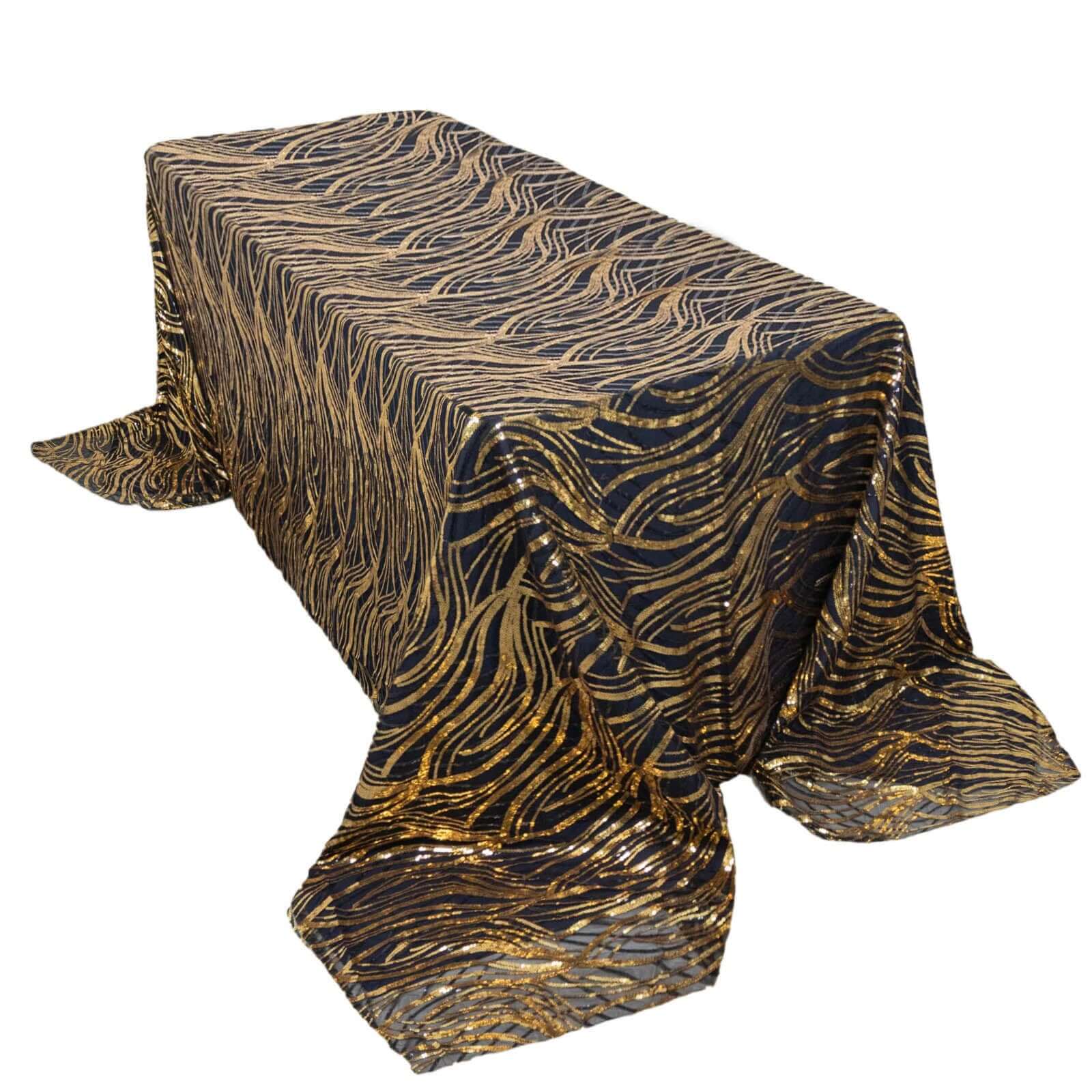 Mesh 90x156 Rectangle Tablecloth Black/Gold - Wave Sequin Embroidered Table Cover